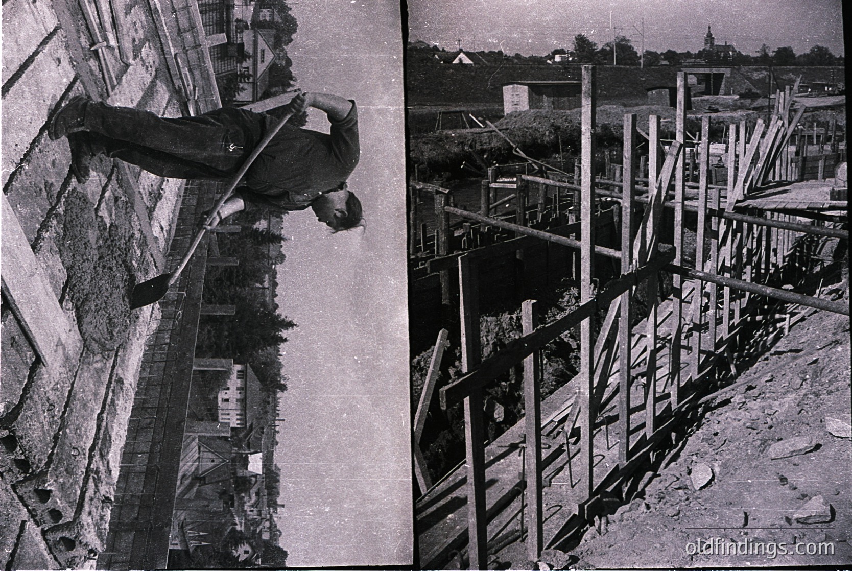 Mid-century construction worker mid-climb on precarious wooden scaffolding beside unfinished concrete walls, likely 1950s–1960s. Urban site with residential buildings in background. Highlights industrial progress and safety risks of early construction practices.