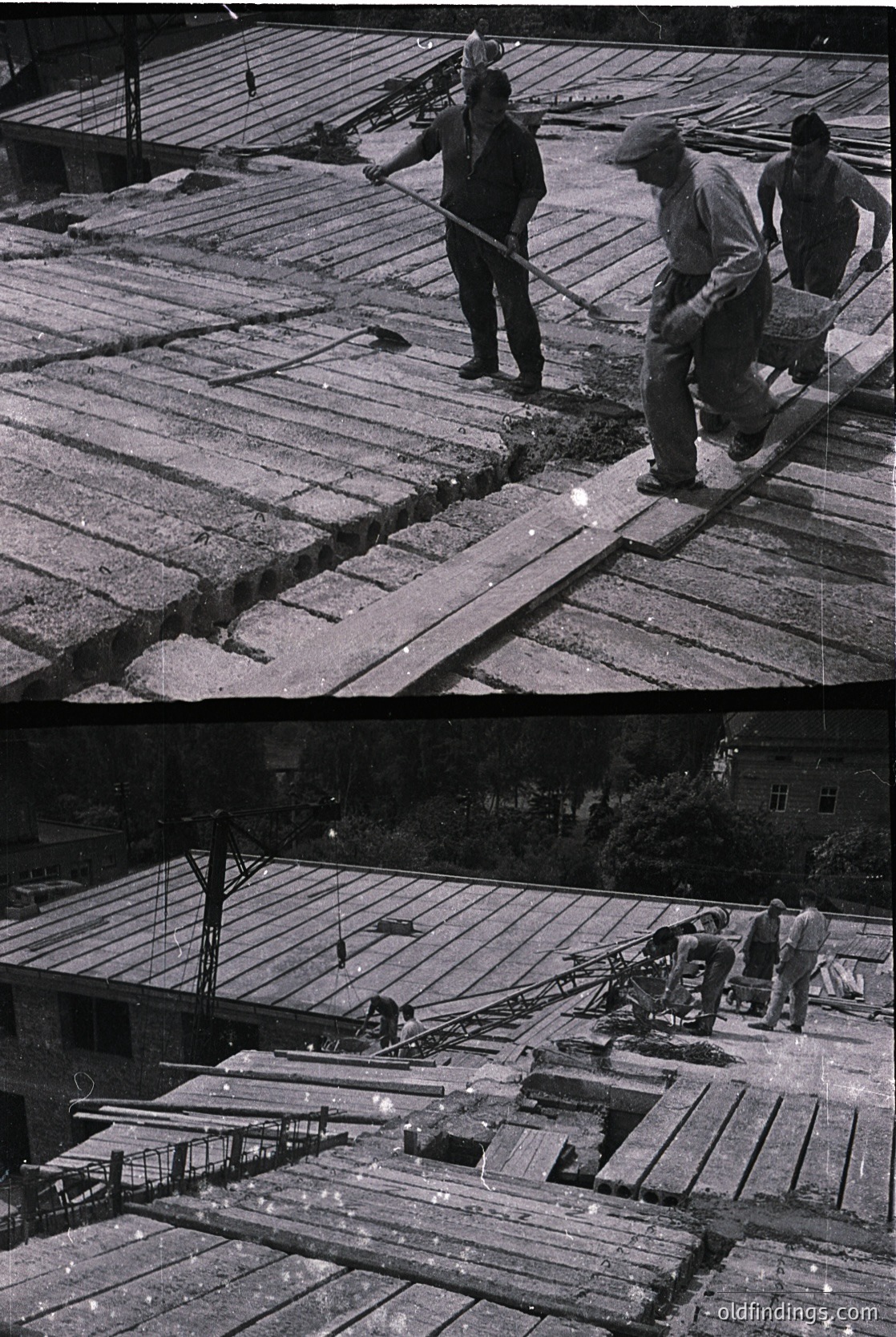 Mid-20th century construction crew installing wooden planking on a rooftop, likely for a flat or sloped roofing system. Workers use hand tools and manual labor to secure planks over exposed beams. Urban setting with visible scaffolding and adjacent buildings.