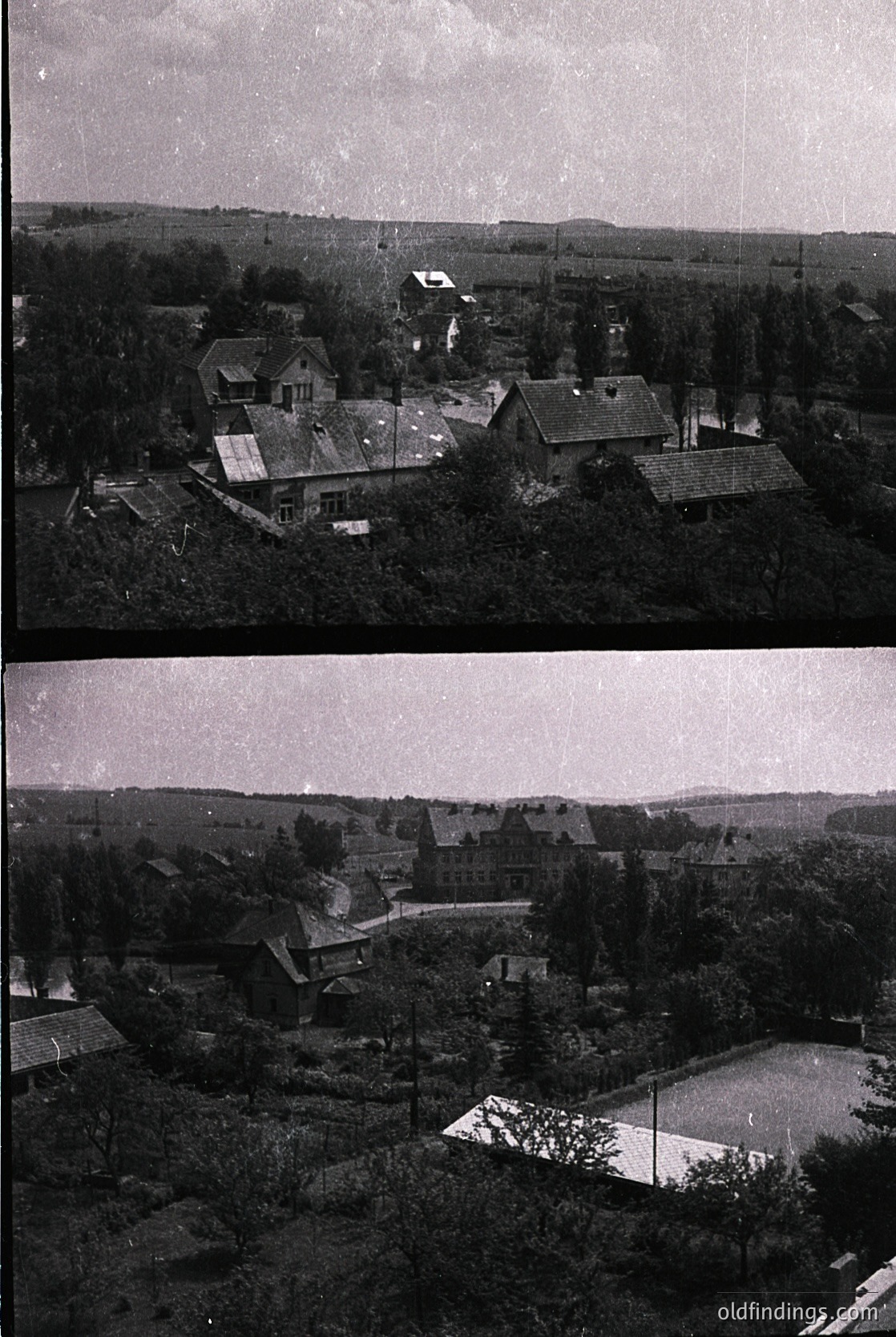 Aerial view of a rural village featuring clustered brick and wooden houses with pitched roofs, surrounded by dense greenery and rolling hills. The lower image shows post-war reconstruction with visible damage and temporary structures. Likely Eastern European, mid-20th century ().