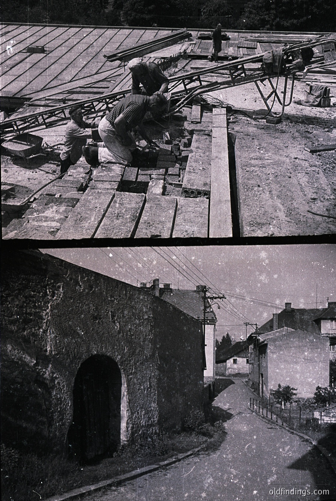 **Top:** Mid-20th century construction crew assembling wooden scaffolding on a building site, likely for brickwork. Workers in rolled-up trousers and caps demonstrate manual labor techniques. **Bottom:** Stone archway entrance in a hilly European village, flanked by residential buildings. Overhead wires and cobblestone streets suggest rural infrastructure.