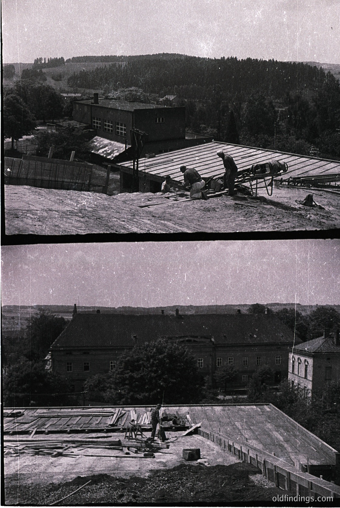 Black-and-white photo collage of mid-20th century construction site in rural area. Top: Workers assembling prefab concrete panels on flat rooftop, with industrial building and forested hillside backdrop. Bottom: Finished concrete roof panels laid out on ground, adjacent to partially constructed brick building with pitched roof. -1960s