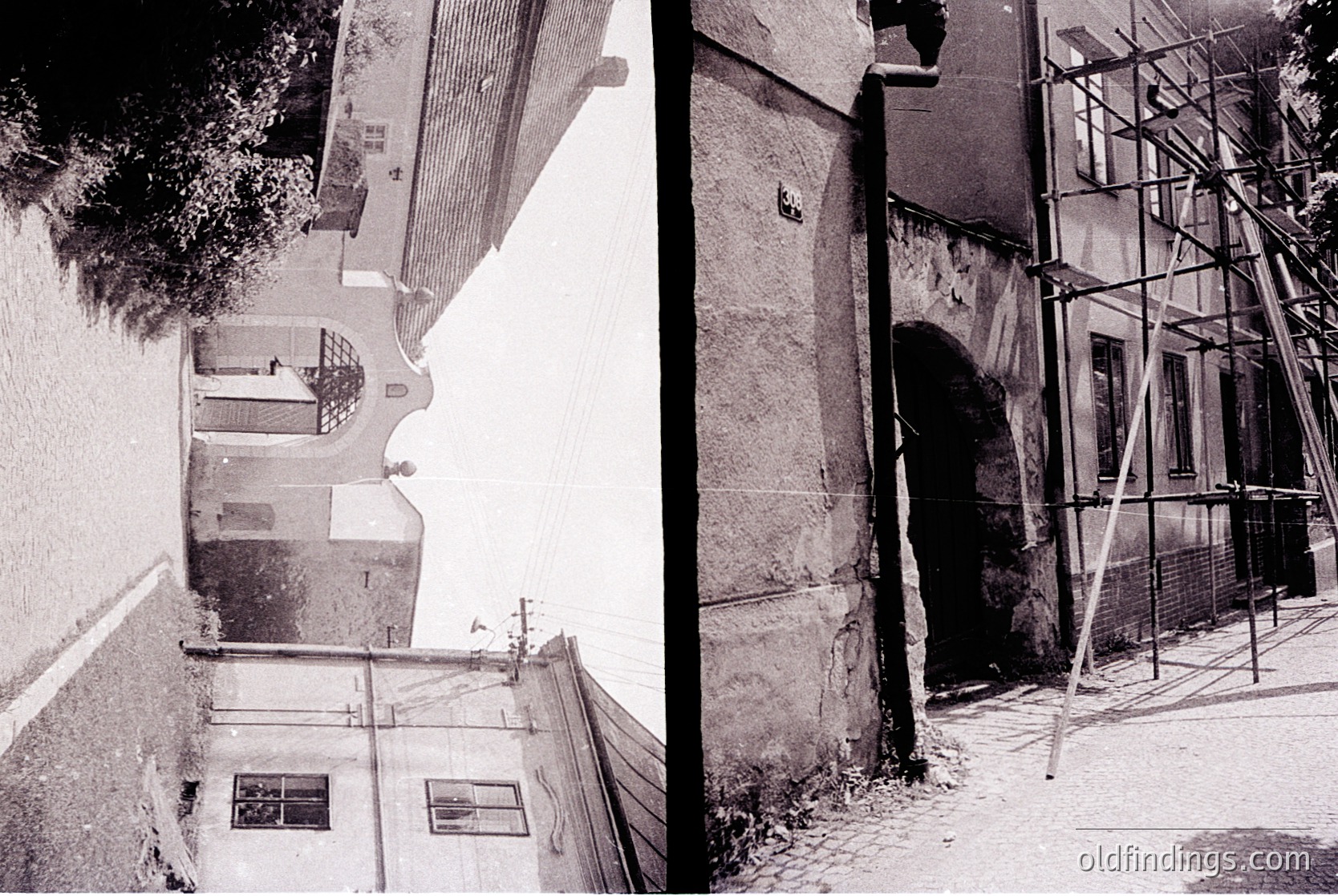 Diatribe of aged urban architecture: left—narrow alleyway with exposed brick walls, sloped rooftop terrace featuring a single person and signage in Cyrillic; right—scaffolding on weathered stone façade, hinting at restoration.