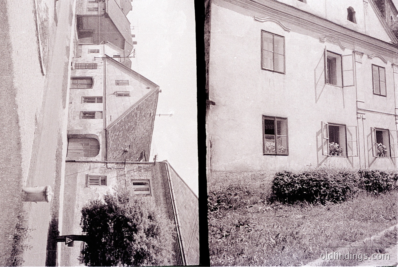 Black-and-white split image of Soviet-era residential architecture: left side shows a tall, narrow apartment block with exposed brick and small balconies; right side captures a two-story building with decorative cornices and wrought-iron balconies. Vegetation and worn pathways suggest urban decay.
