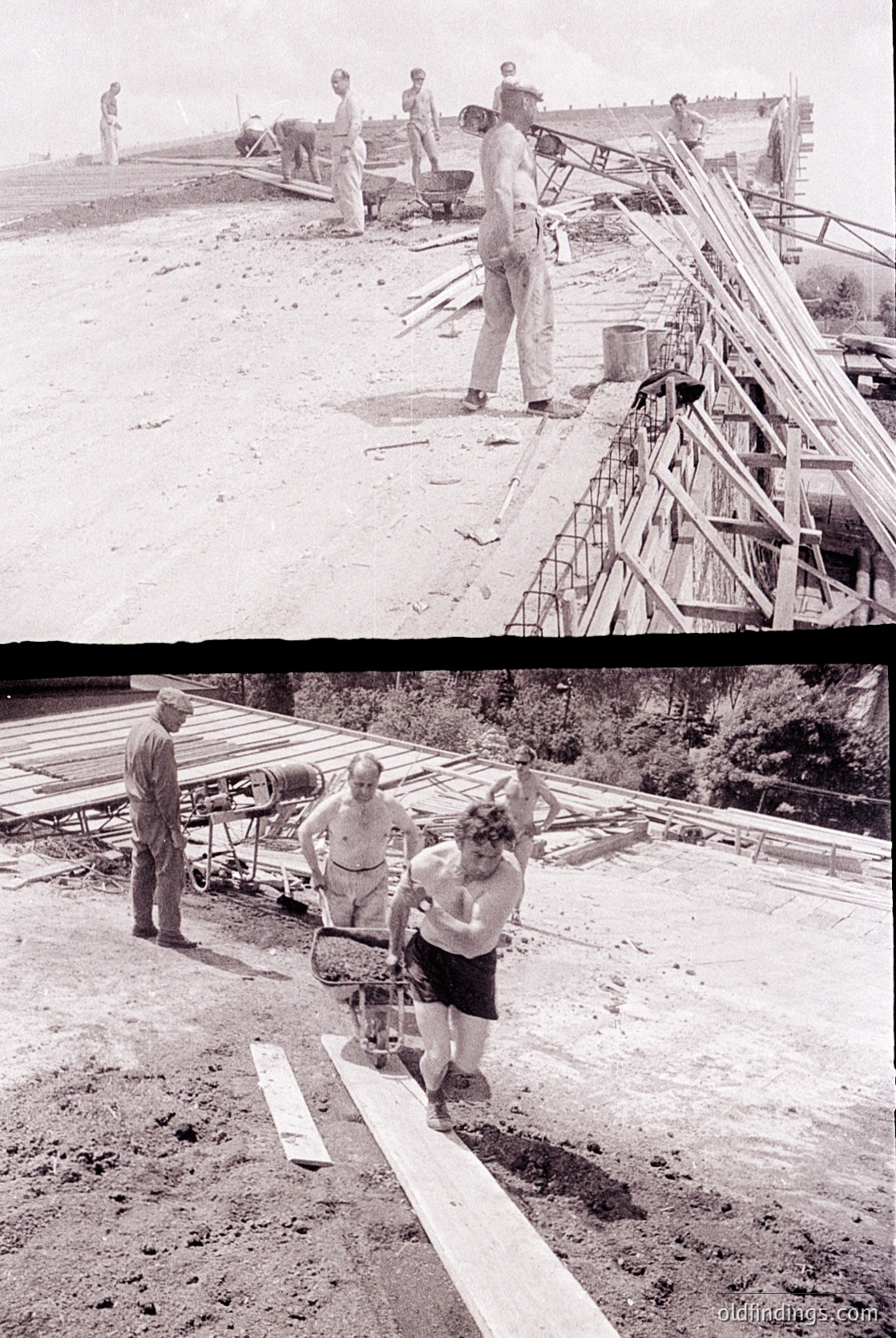 Mid-20th century construction site featuring wooden dock or pier assembly. Workers in rolled-up sleeves and caps secure planks with clamps and braces. Lower frame shows two women in swimsuits assisting male laborers, suggesting recreational or mixed-gender work. Industrial-era tools and materials indicate post-WWII infrastructure development. Likely coastal or riverside location.