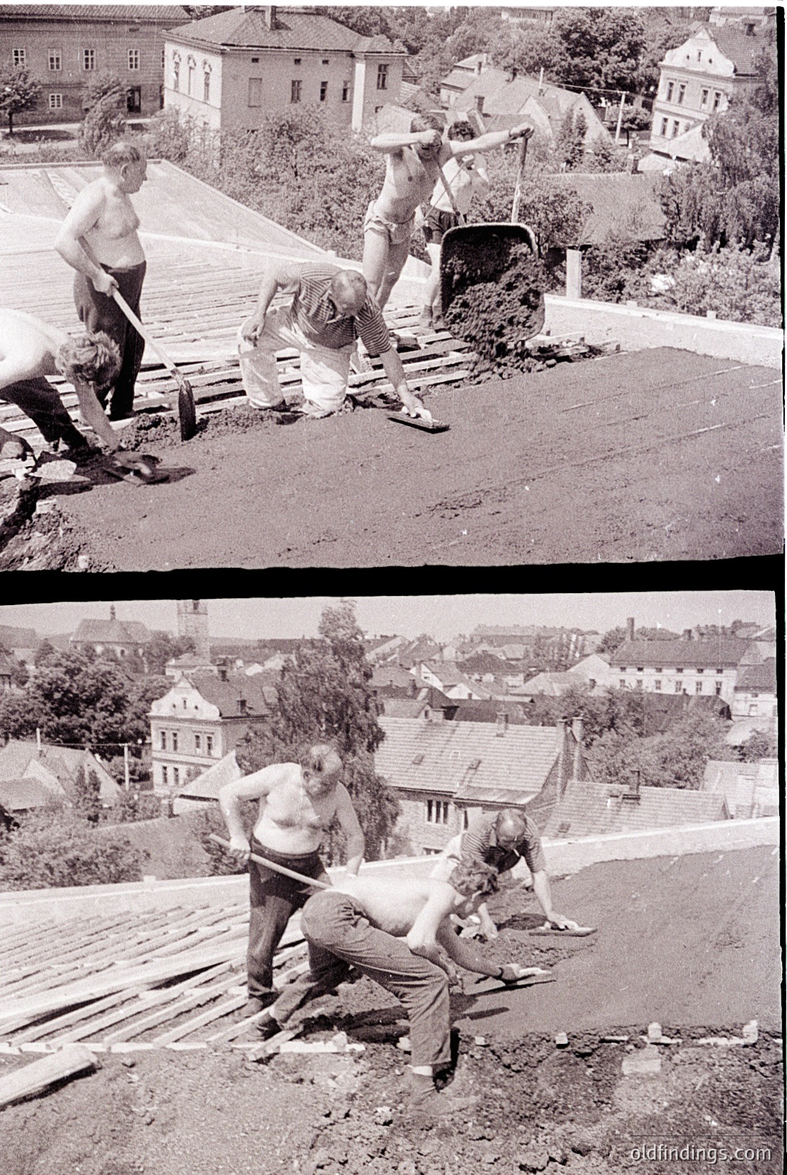 Two black-and-white photos capture manual roofing work in a mid-20th-century European town. Workers in rolled-up sleeves and shorts use hand tools to install wooden shingles on a pitched roof. Surrounding residential buildings feature gabled roofs and dense greenery, suggesting a suburban or rural setting. The scene reflects post-WWII labor practices and traditional construction methods.