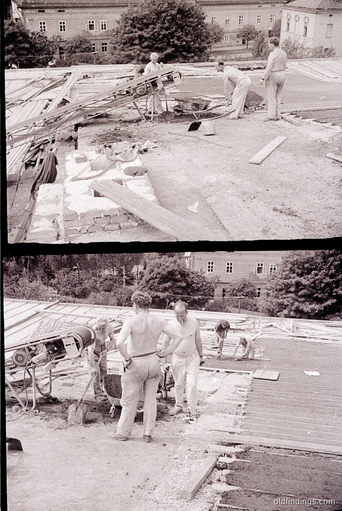 Construction crew dismantling a wooden structure in an urban courtyard, likely mid-20th century. Workers use hand tools, with debris scattered around. Background shows a multi-story building with classical architecture, suggesting institutional or public use.