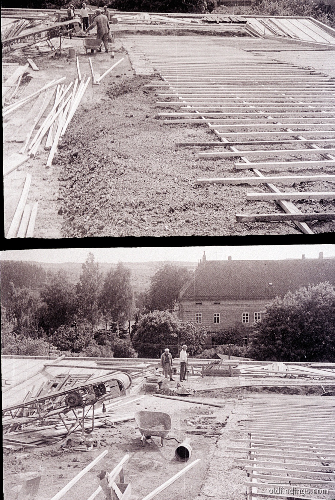 Mid-20th century construction site featuring wooden framing and concrete work. Two workers in mid-century attire (one in top hat) overseeing timber layout and concrete mixing. Residential-style building in background suggests suburban or small-town development.