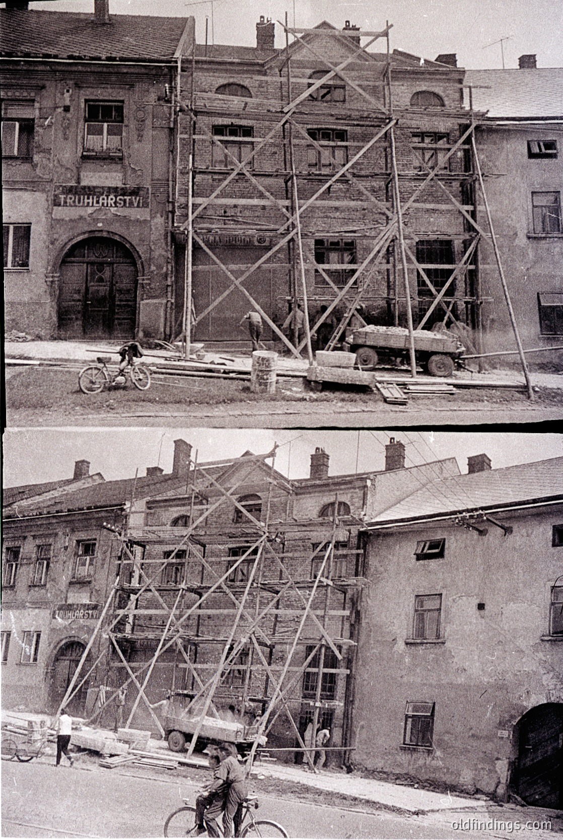 **Top Image:** Mid-20th century urban restoration scene. Three-story building under scaffolding with Cyrillic sign "ТРУДОВЬТ" (Bulgarian for "Labor"). Classic Soviet-era architecture with arched entrance. Bicycle parked near scaffolding, vintage truck parked on street. **Bottom Image:** Same building post-restoration. Scaffolding removed, facade repaired. Two workers visible near entrance. Bicycle and truck still present.