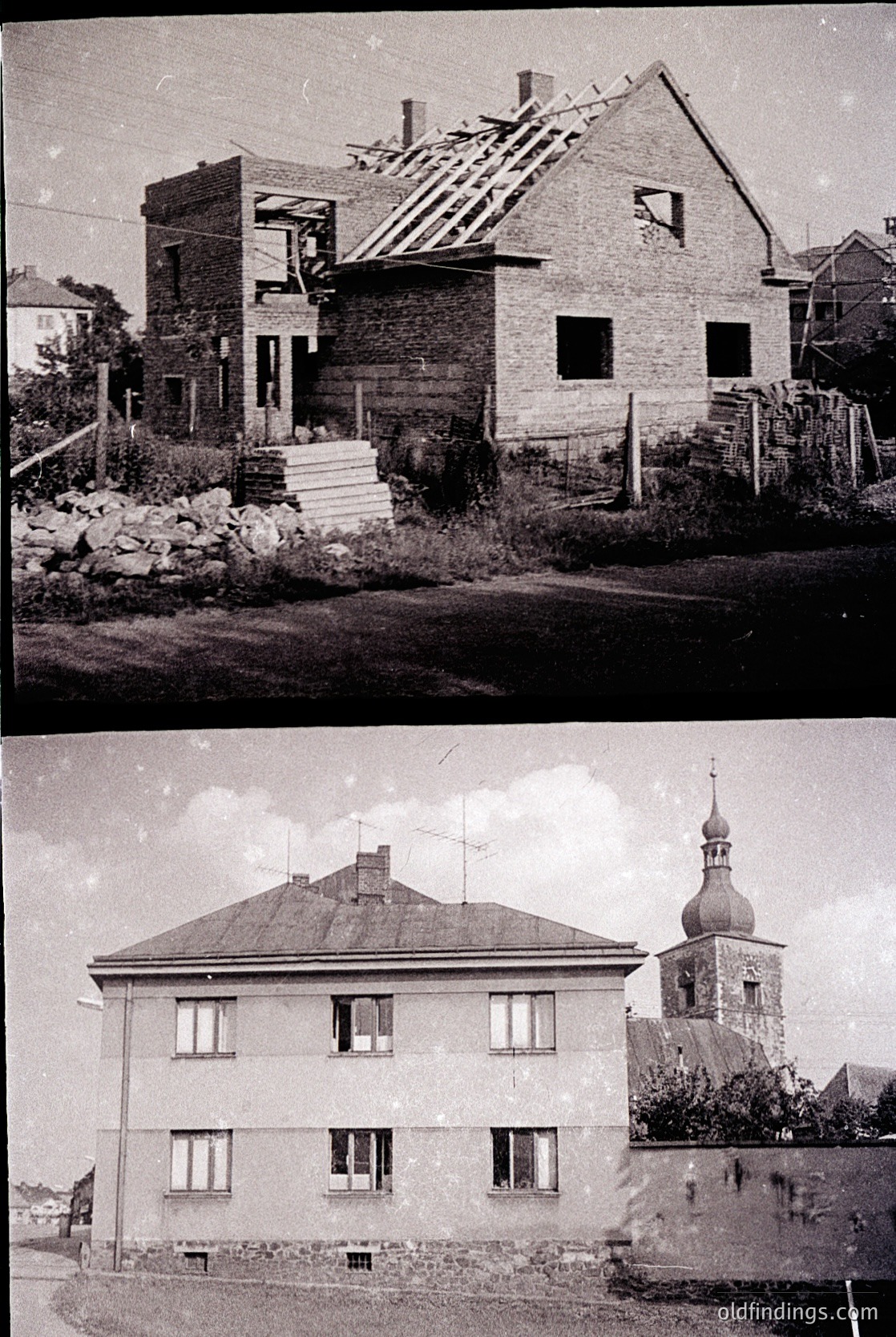 **Top Image:** Mid-20th century residential construction in progress, featuring exposed brickwork and corrugated metal roofing. Adjacent to a rural road with utility poles and a wooden fence. Likely Eastern European, given architectural style and materials. **Bottom Image:** Completed two-story residential building with symmetrical windows and a gable roof, adjacent to a church steeple. Stone foundation and plaster exterior suggest mid-20th century urban/suburban housing.