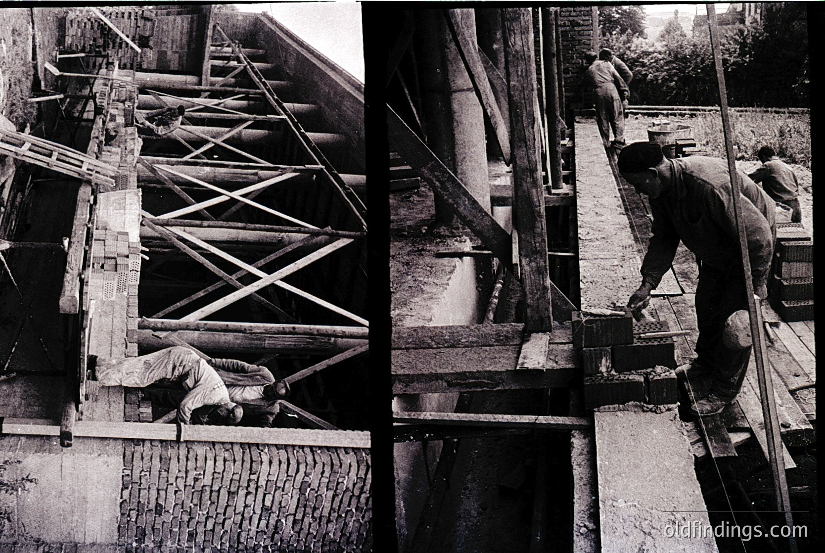 Black-and-white construction scene featuring three workers assembling wooden scaffolding and brickwork, likely mid-20th century. Left: Worker kneeling, securing timber beams with nails. Right: Two workers handling bricks and mortar on elevated platform. Industrial-era labor captured in detail.