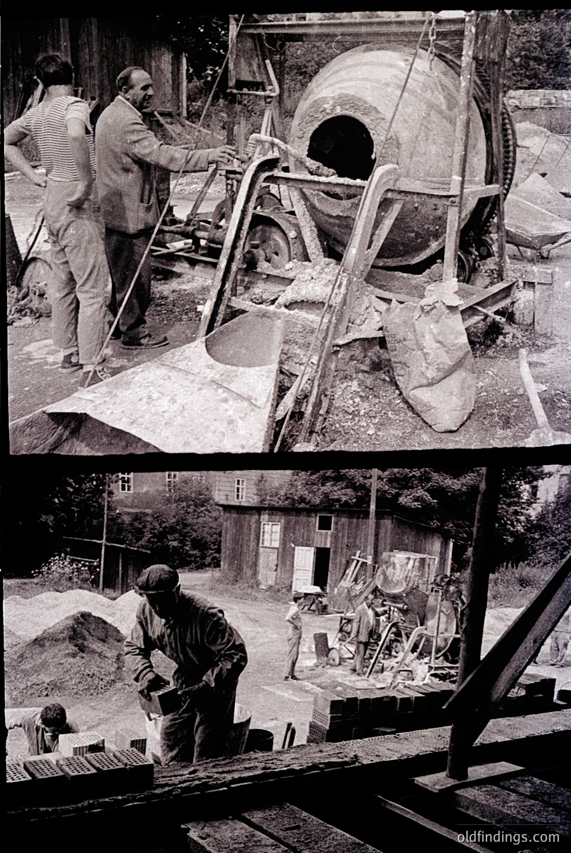 Black-and-white industrial scene depicting concrete mixing and pouring, likely mid-20th century. Top: Workers operate a large concrete mixer, pouring wet concrete into wooden molds. Bottom: Concrete is manually spread and leveled on a construction site with wooden scaffolding and a brick structure in progress.