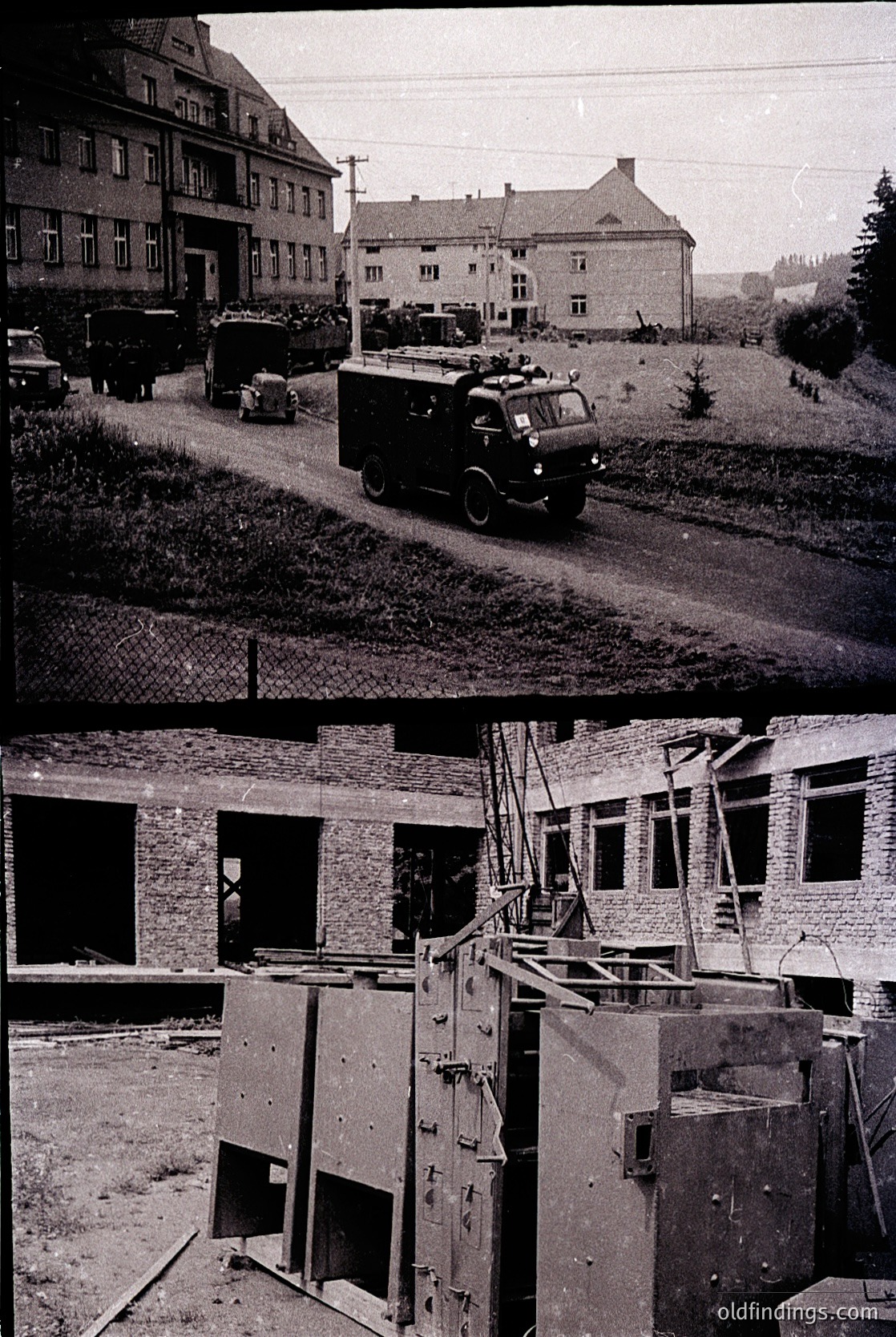 Vintage black-and-white photo of a mid-20th-century European industrial site. Top: Military truck (likely WWII-era) driving past brick buildings with barbed wire and parked vehicles. Bottom: Abandoned machinery and damaged concrete structures, suggesting post-war reconstruction or wartime damage.