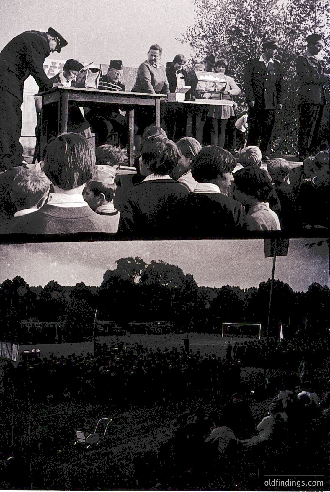 **Top Image:** Mid-20th century outdoor event with officials on raised platform distributing food or supplies to a crowd. Uniformed figures (likely military/police) oversee distribution. Crowd wears 1950s-60s attire—flat caps, suits, and dresses. Setting appears urban or park-like with trees in background. --- **Bottom Image:** Post-distribution scene in same location. Empty tables, scattered plates, and discarded items (e.g., teddy bear) on grass. Soccer field and goalpost visible in background. Trees and greenery frame the area.