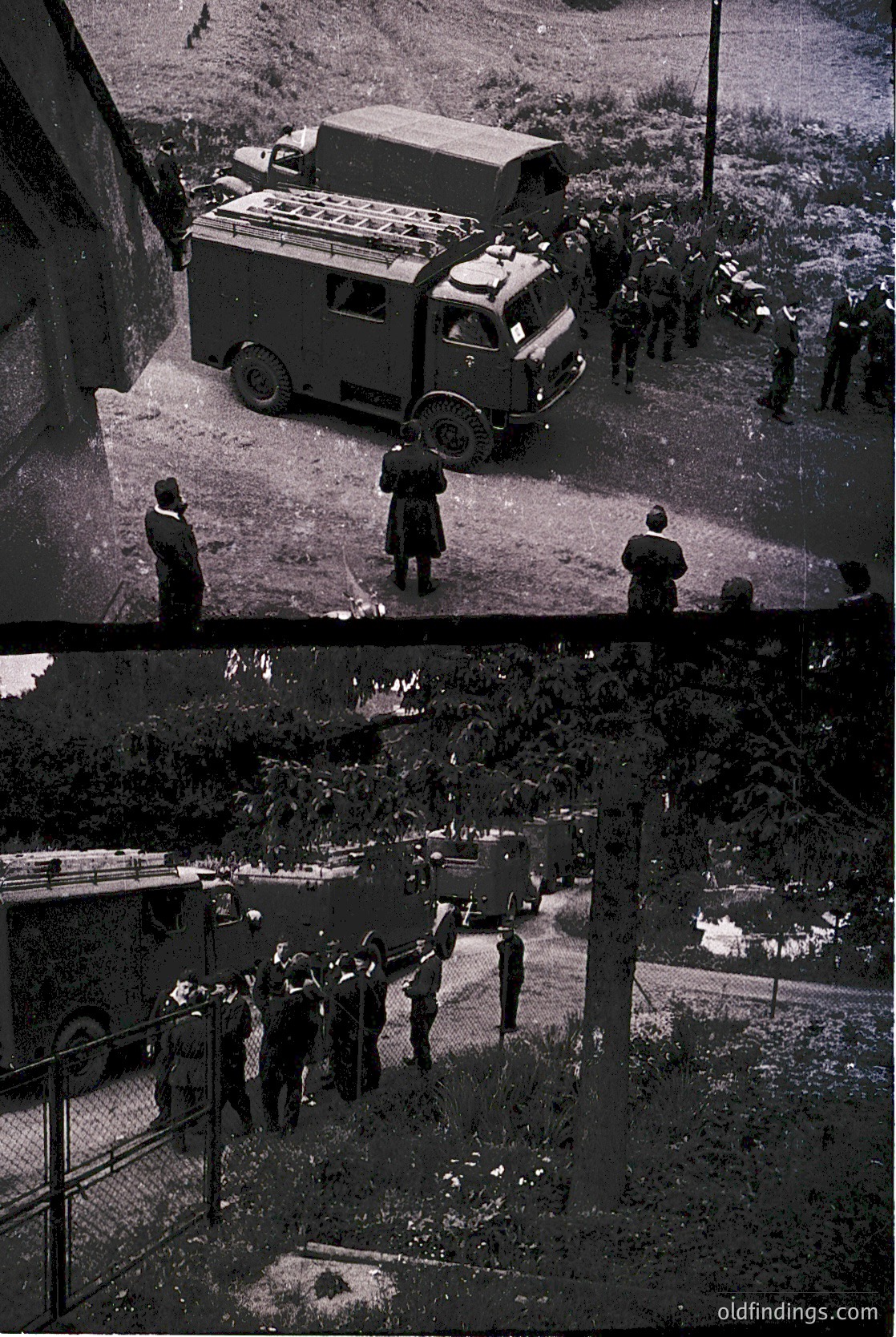 Military truck with mounted machine gun surrounded by uniformed personnel and civilians in a tense outdoor confrontation, likely mid-20th century. Urban setting with visible barricades and bystanders observing.
