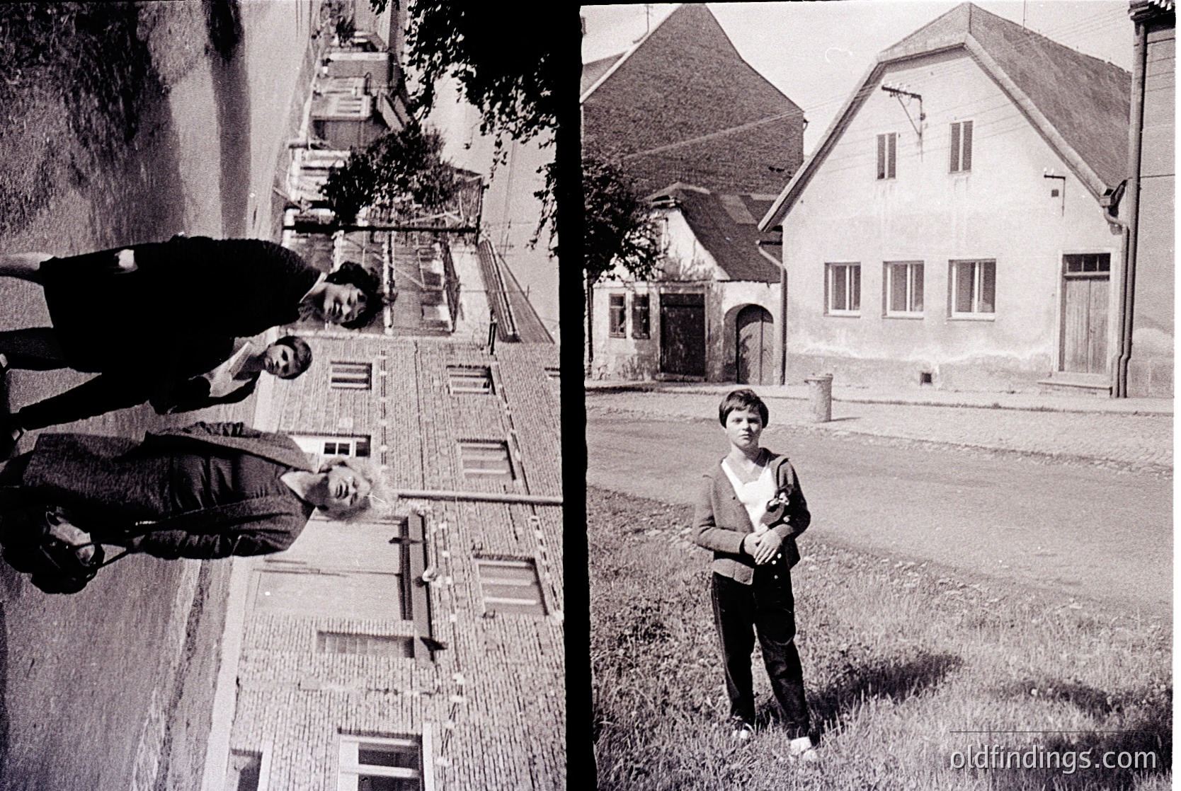 Black-and-white split image capturing mid-20th century European street life. Left: Two men pose on a narrow alleyway lined with closed shuttered shops, one leaning against a wall, the other seated on a ledge. Right: A boy stands in a residential yard, holding a bag, beside a modest gabled house with peeling paint.
