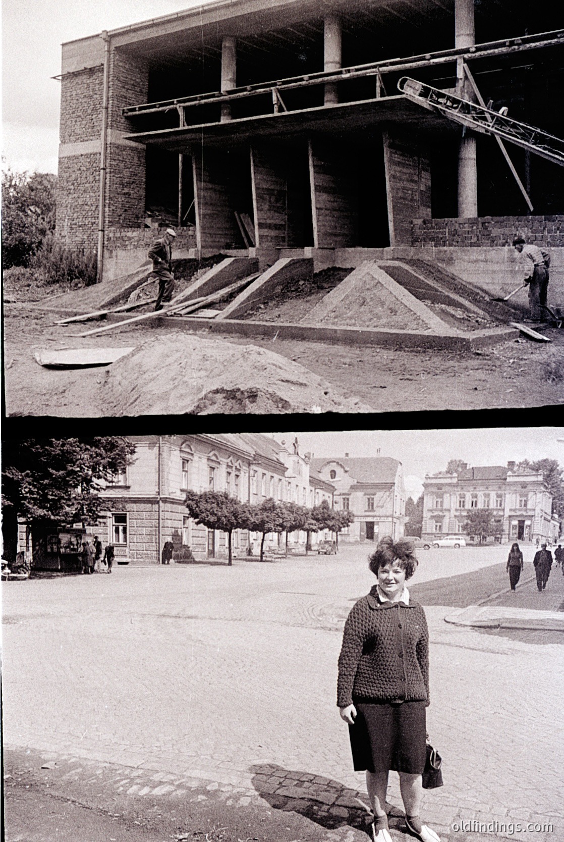 Black-and-white split-image: Top shows mid-20th century construction site with exposed concrete framing, scaffolding, and workers; bottom depicts a woman in 1960s-era dress standing on a paved plaza with classical buildings and parked cars.
