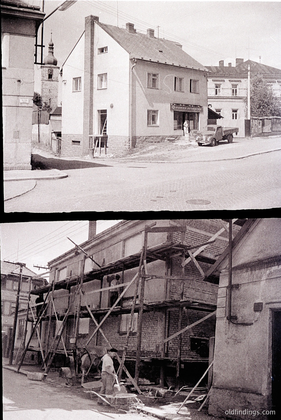 Black-and-white street scene showing mid-20th century European urban restoration. Top: Whitewashed building with sign "Pension" and parked vintage truck; adjacent church steeple. Bottom: Adjacent structure under scaffolding, workers repairing brick façade. -1960s