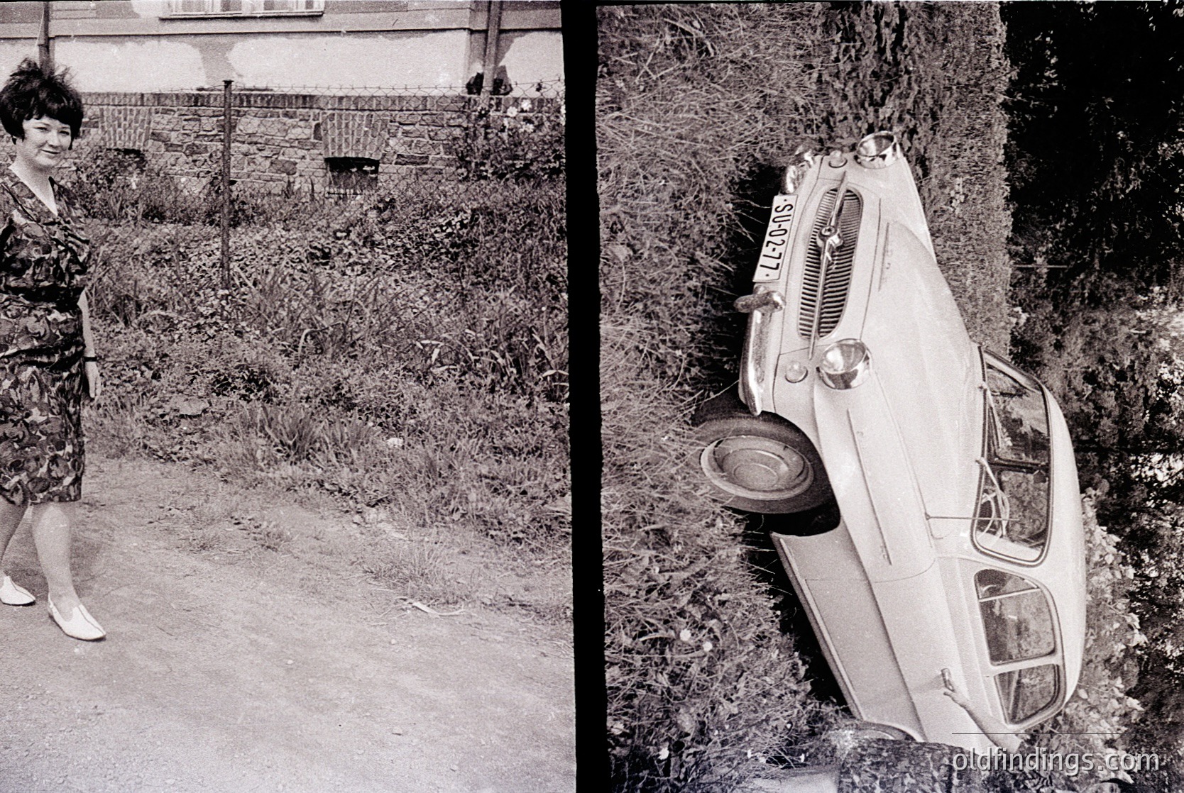 Vintage black-and-white split image: Left—woman in 1960s-style dress poses near overgrown garden path; right—upside-down classic car (likely a Morris Oxford) in grassy ditch.