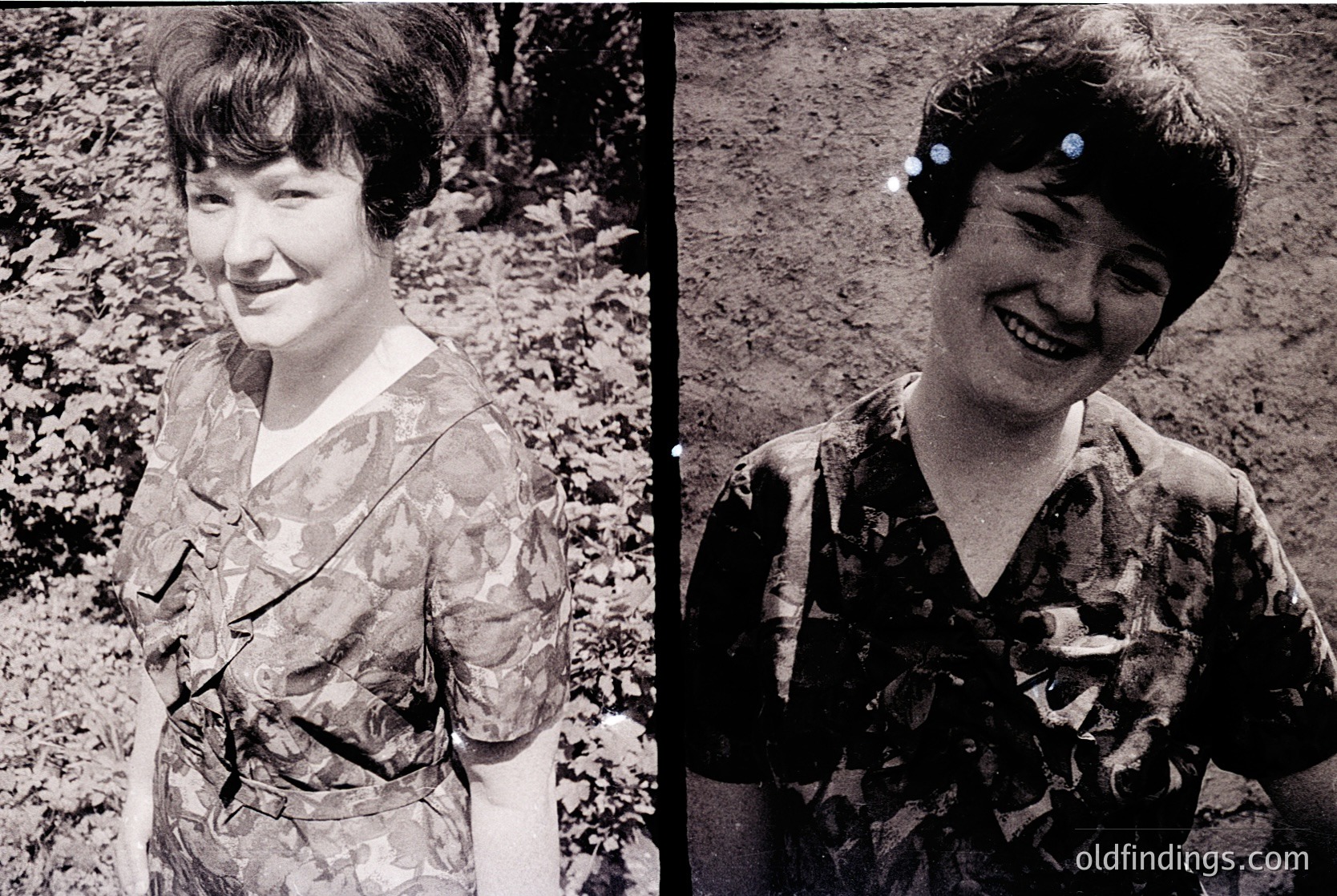 Vintage split portrait of a woman in a patterned blouse, likely 1960s-1970s outdoor setting. Left: posed against foliage; right: smiling at camera on dirt ground. Blouse features geometric, abstract print.