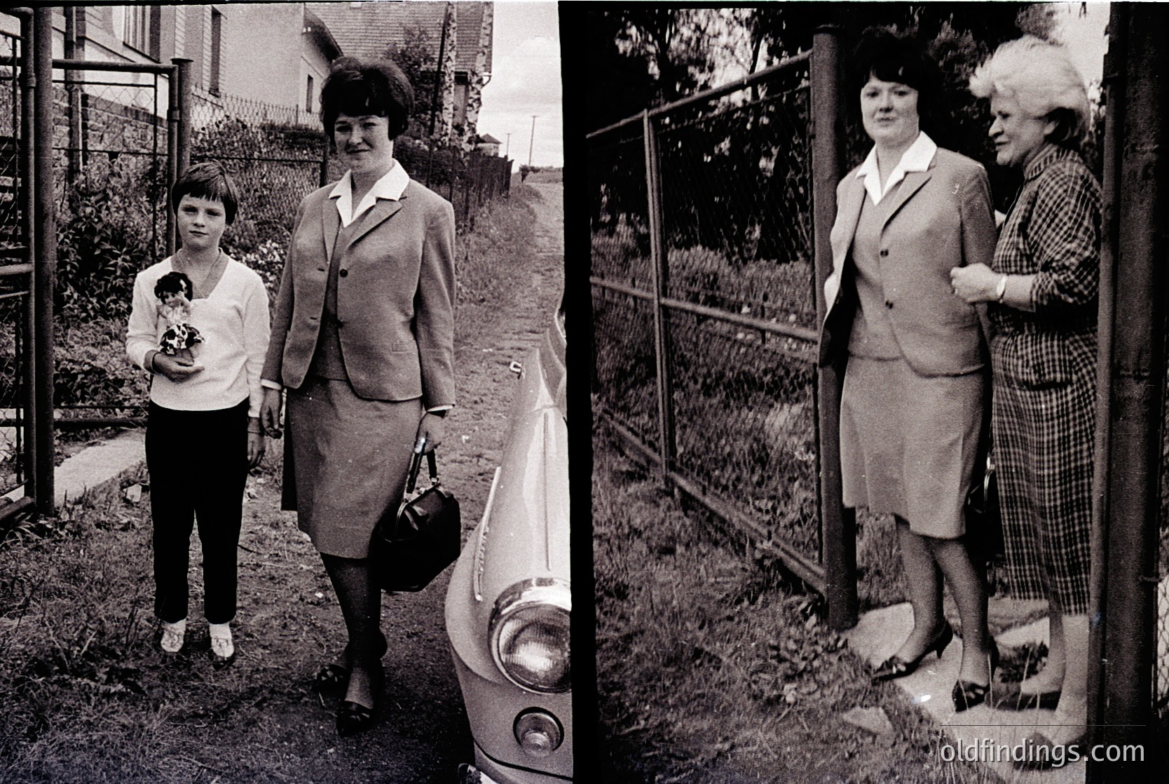 Black-and-white portrait of two women in mid-20th century attire, likely 1960s-70s. Left: younger woman in a knee-length dress with a doll, older woman in a fitted suit and skirt. Right: same women in tailored suits, posing near a gated pathway. Suburban residential setting with vintage car visible.