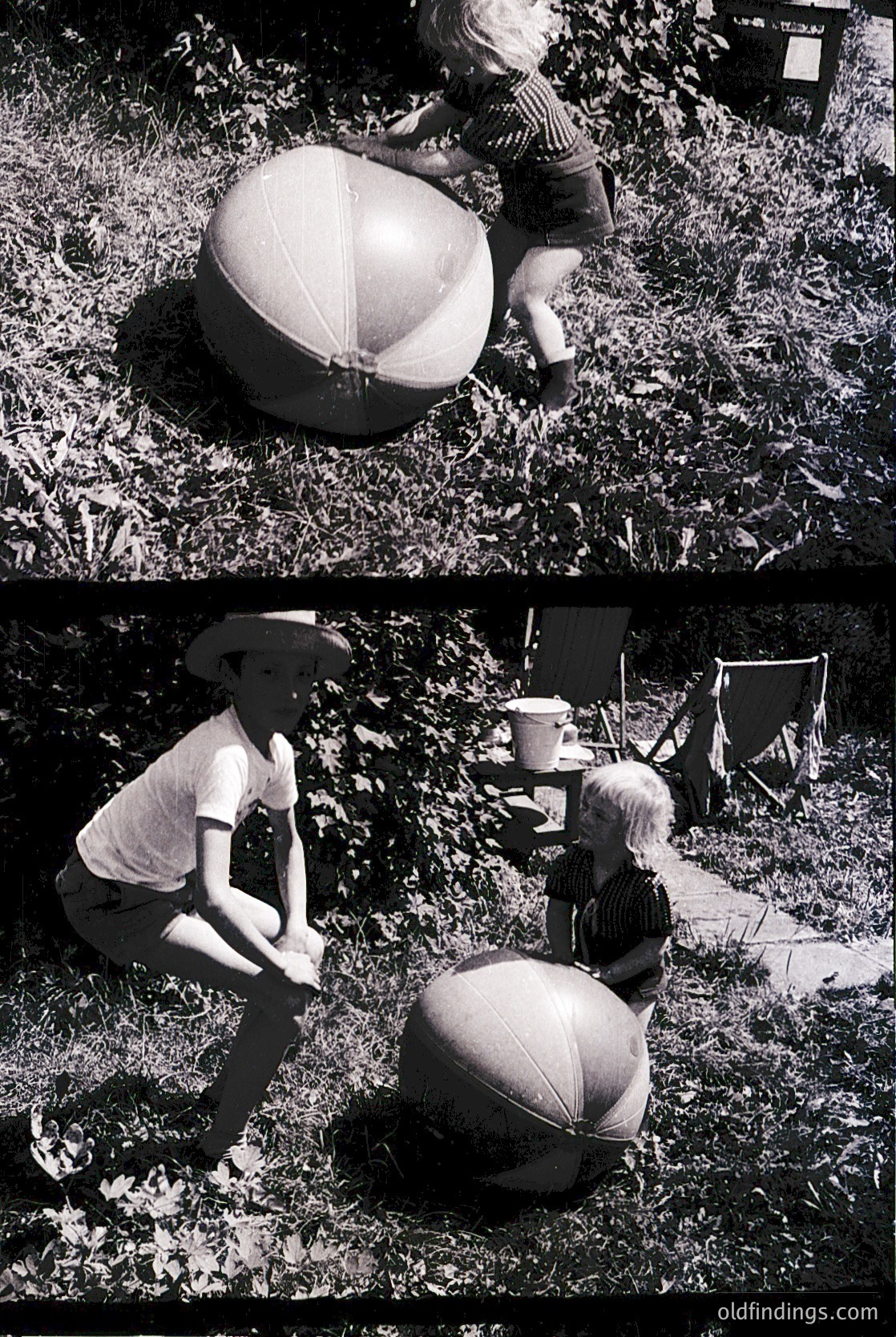 Mid-20th century black-and-white diptych capturing children playing with a large inflatable beach ball in an outdoor setting. Top: Boy in shorts and cap kneeling beside the ball, grassy area with scattered leaves. Bottom: Boy in cap and striped shirt kneeling, another child in dark shirt seated nearby.
