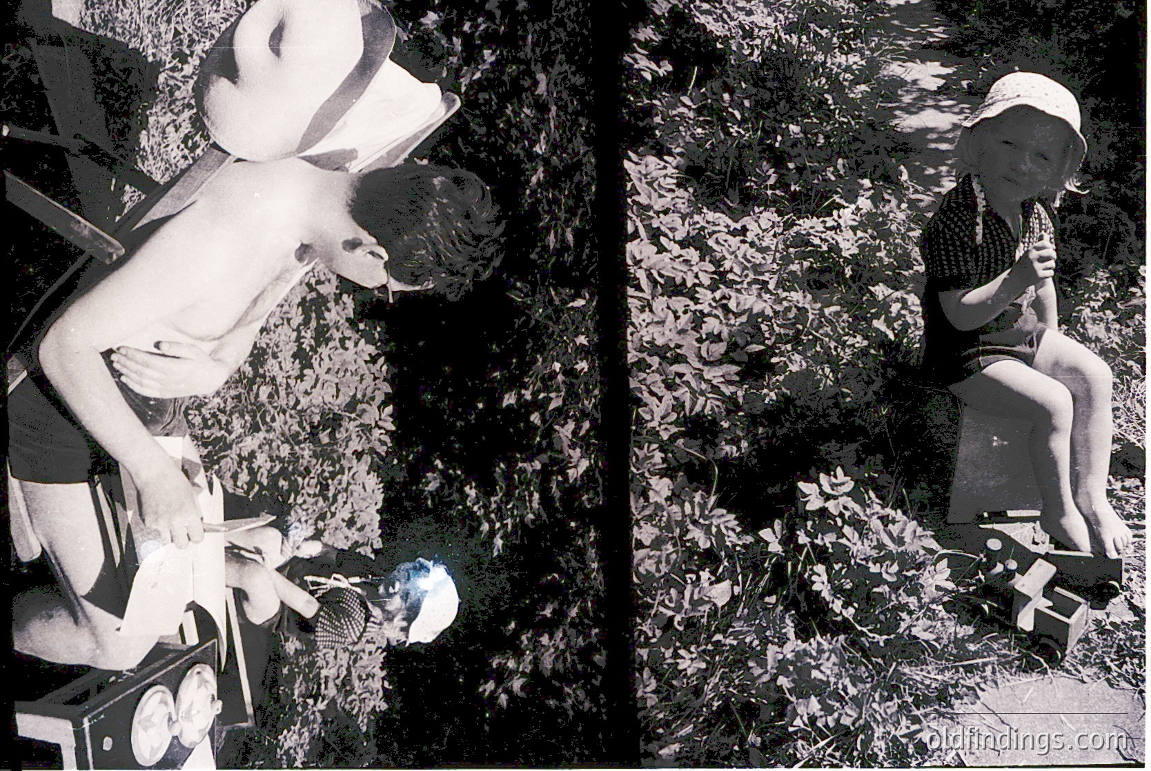 Vintage black-and-white diorama featuring a 1950s/60s dollhouse scene: left side shows a doll in a white dress holding a basket, seated on a bench with a toy dog; right side depicts a child doll in a striped shirt and hat reading a book on a park bench.
