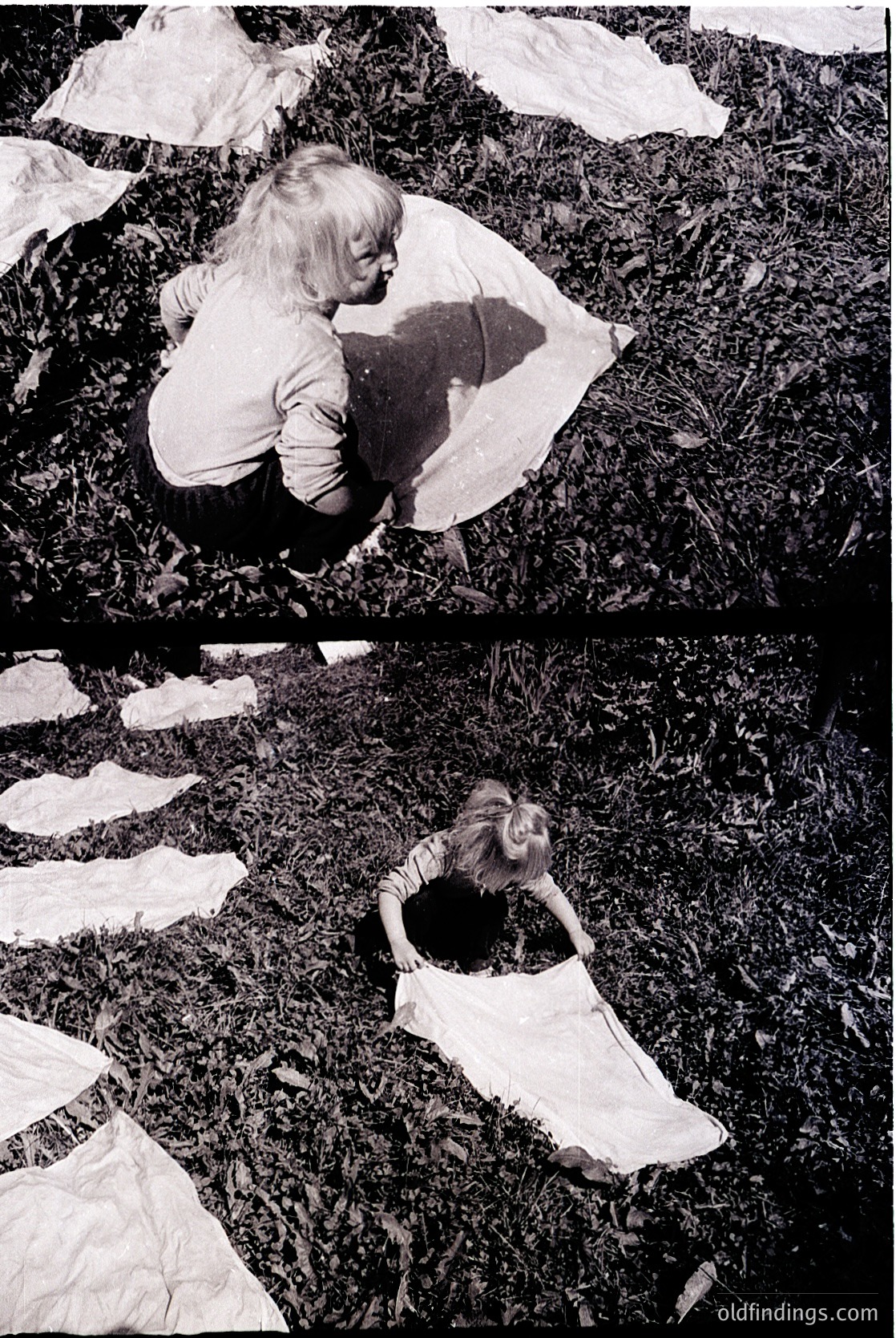 Mid-20th century black-and-white diptych of a child playing in grassy field, surrounded by spread laundry. Child in simple short-sleeve shirt and shorts, engaging with folded sheets. Reflective of post-war domestic life and communal laundry practices.