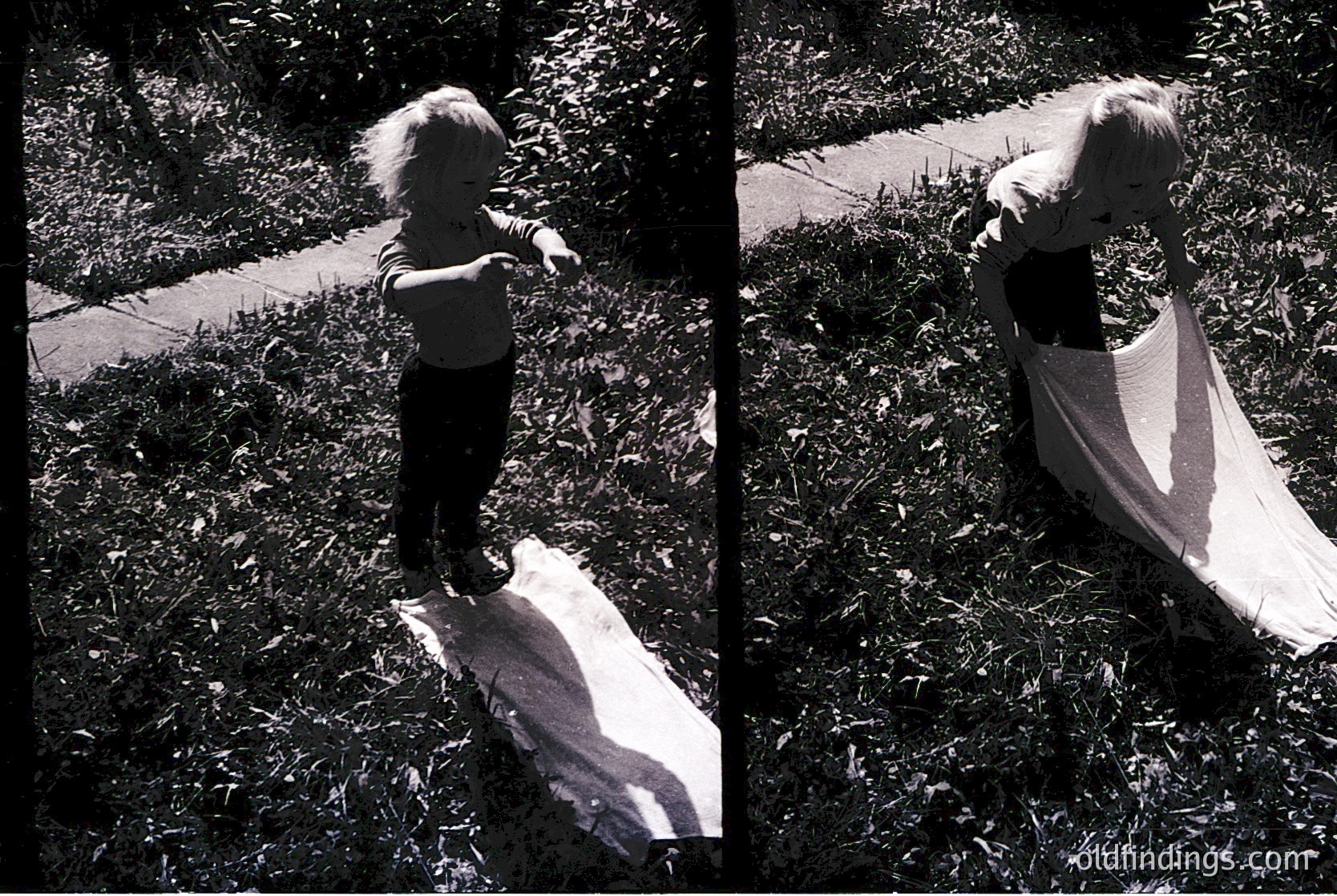 Black-and-white diptych capturing a child mid-jump over a fallen tree trunk in a grassy area, framed by dense foliage. Dynamic motion blur emphasizes energy and playfulness. Likely mid-20th century due to grainy film texture.