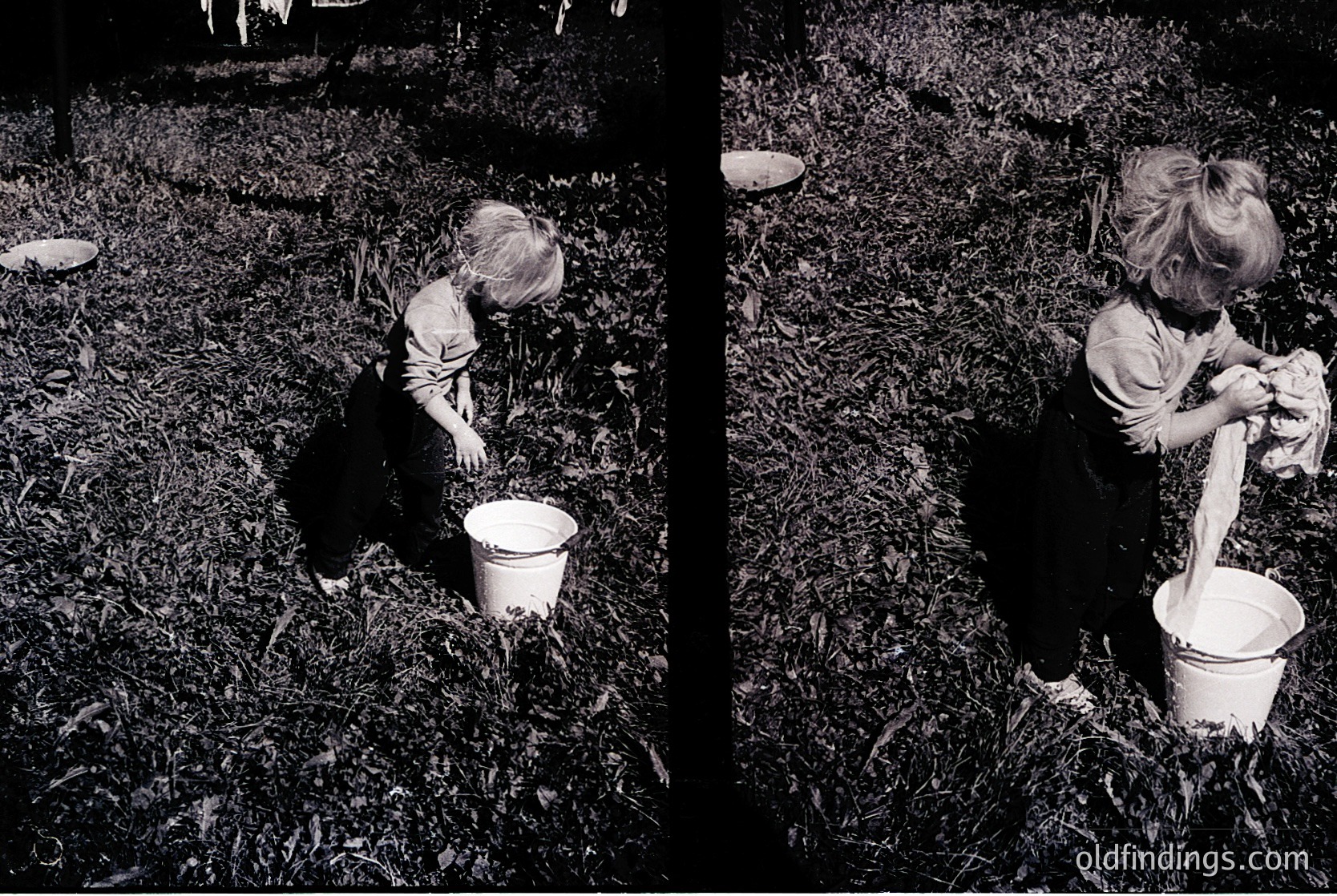 Two children in mid-20th-century rural attire dig in a grassy field, each holding a white bucket. Clothing suggests 1950s–1960s era. Diptych captures focused, manual labor—likely planting or harvesting.