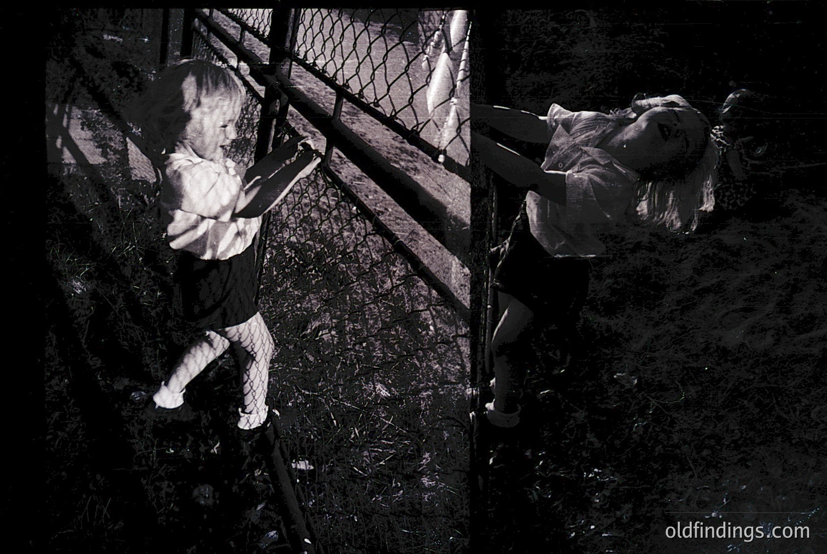 Black-and-white split-image capturing two children on a swing set, mid-motion. Left: Child in mid-swing, gripping chains with both hands, wearing a short-sleeved shirt and knee-length skirt. Right: Child in upside-down pose, hair framing face, gripping chains with one hand. Urban playground with metal framework and chain swings. Likely 1960s–1980s based on style.