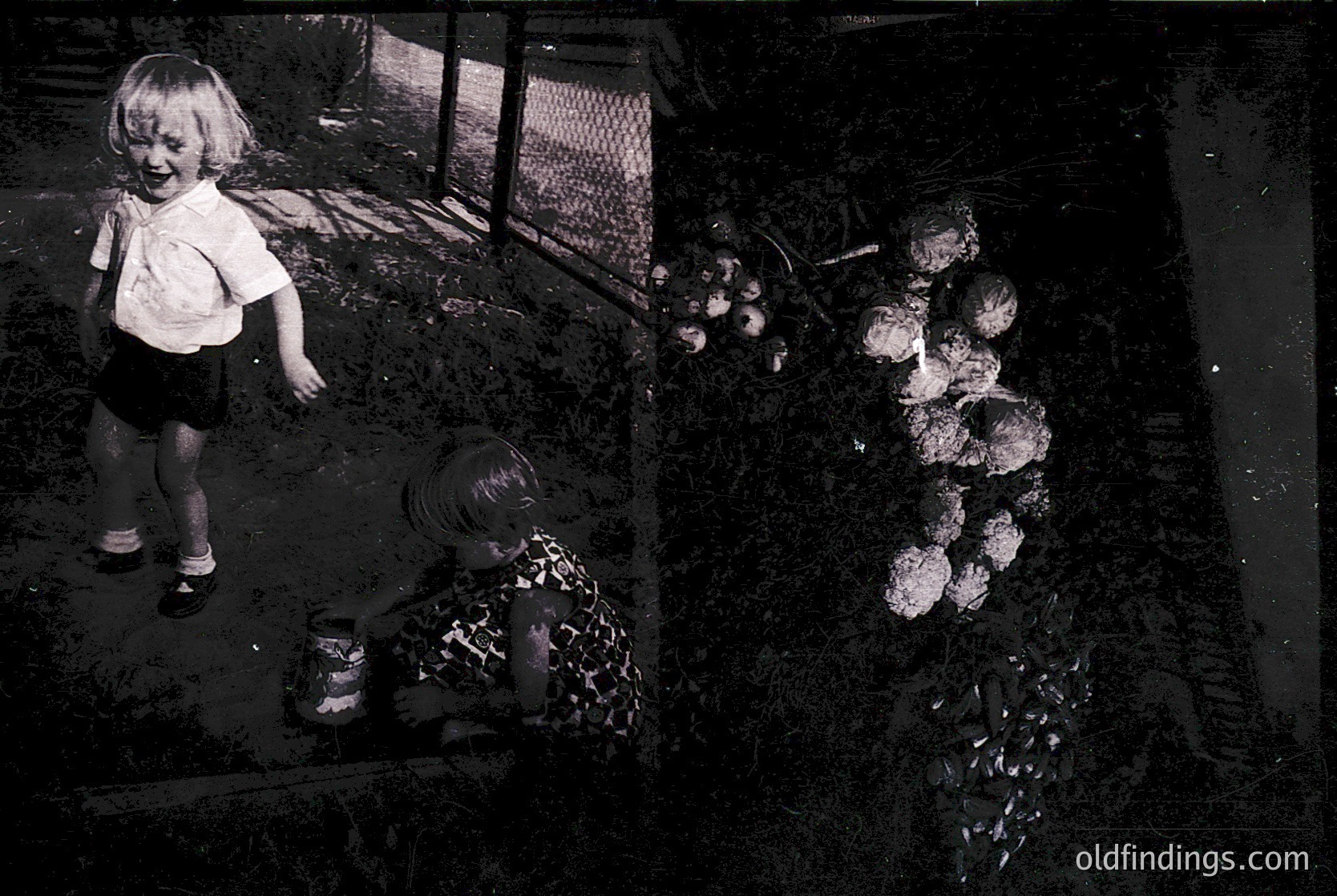 Vintage black-and-white photo of a young girl in a backyard, mid-1960s. She wears a short-sleeved blouse, shorts, and sandals, standing near a metal fence. A toy bucket and shovel lie on the ground, suggesting playtime. In the foreground, a dog’s paw print in muddy soil adds texture. Soft focus and grain enhance nostalgic charm.