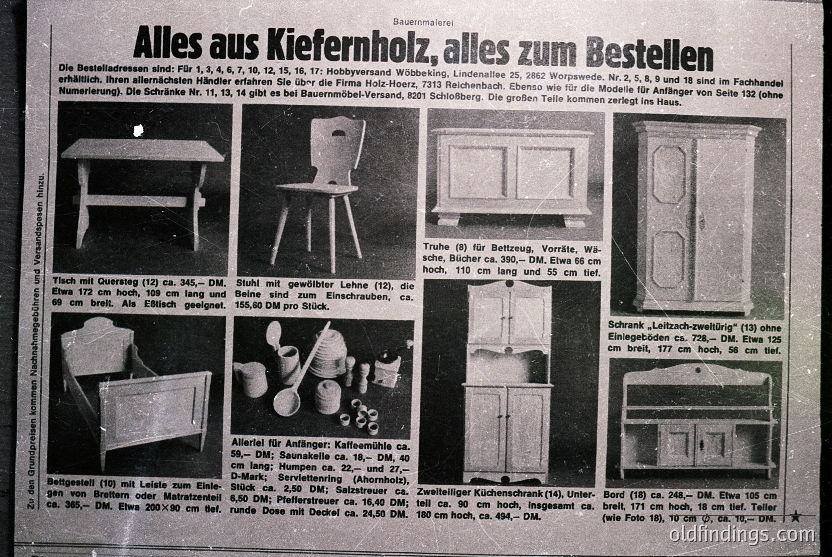 Vintage German furniture catalog page from the 1960s–70s, showcasing mid-century modern designs. Features a wooden table, chair, storage units, and kitchenware with dimensions and pricing in DM. Includes modular shelving, a coffee grinder, and a kitchen sink setup. Text references Hobbyversand Wöbbelin, Germany.
