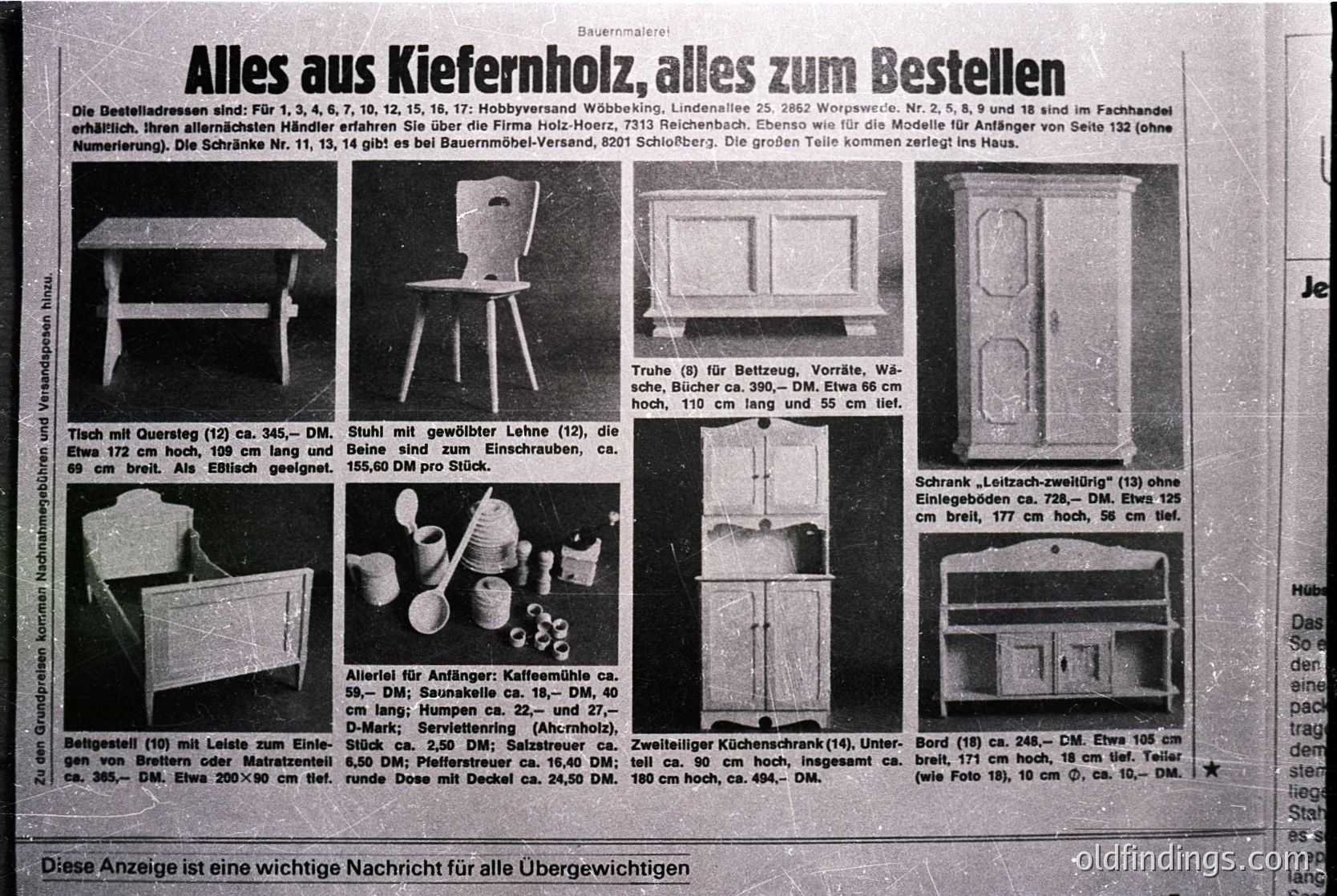 Vintage German furniture catalog page from the 1970s, showcasing modular kitchen and household items. Features labeled storage cabinets, a bed frame, a chest of drawers, and a kitchen sink setup with dimensions in DM (Deutsche Mark). Text in German highlights ordering details and measurements.