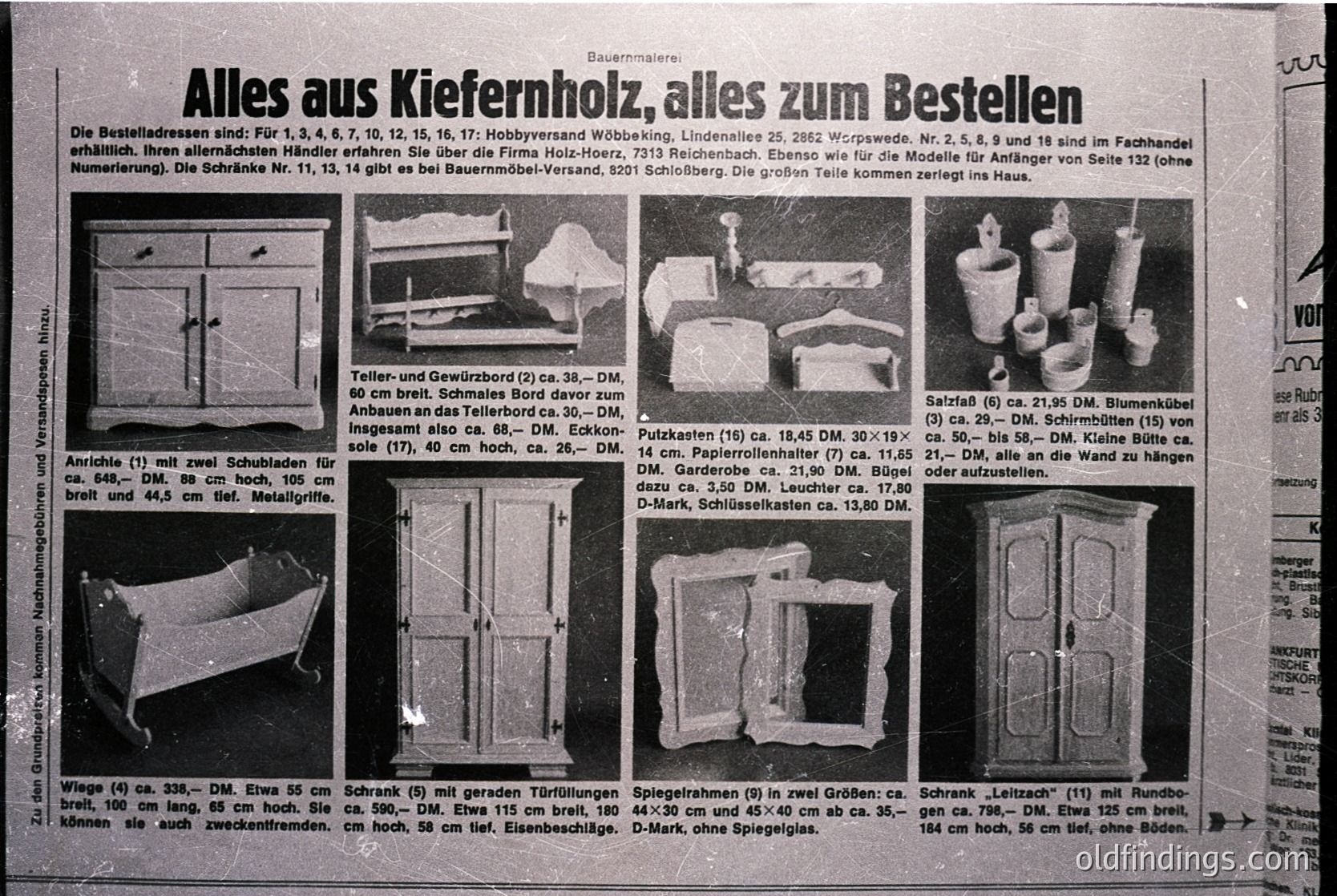 Mid-century German furniture catalog (1960s) showcasing pinewood (*Kiefernholz*) home goods. Features modular shelving units, wall-mounted cabinets, and storage solutions with dimensions in DM (Deutsche Mark). Includes numbered parts lists and assembly instructions. Reflects post-war economic recovery era with emphasis on affordable, functional design.