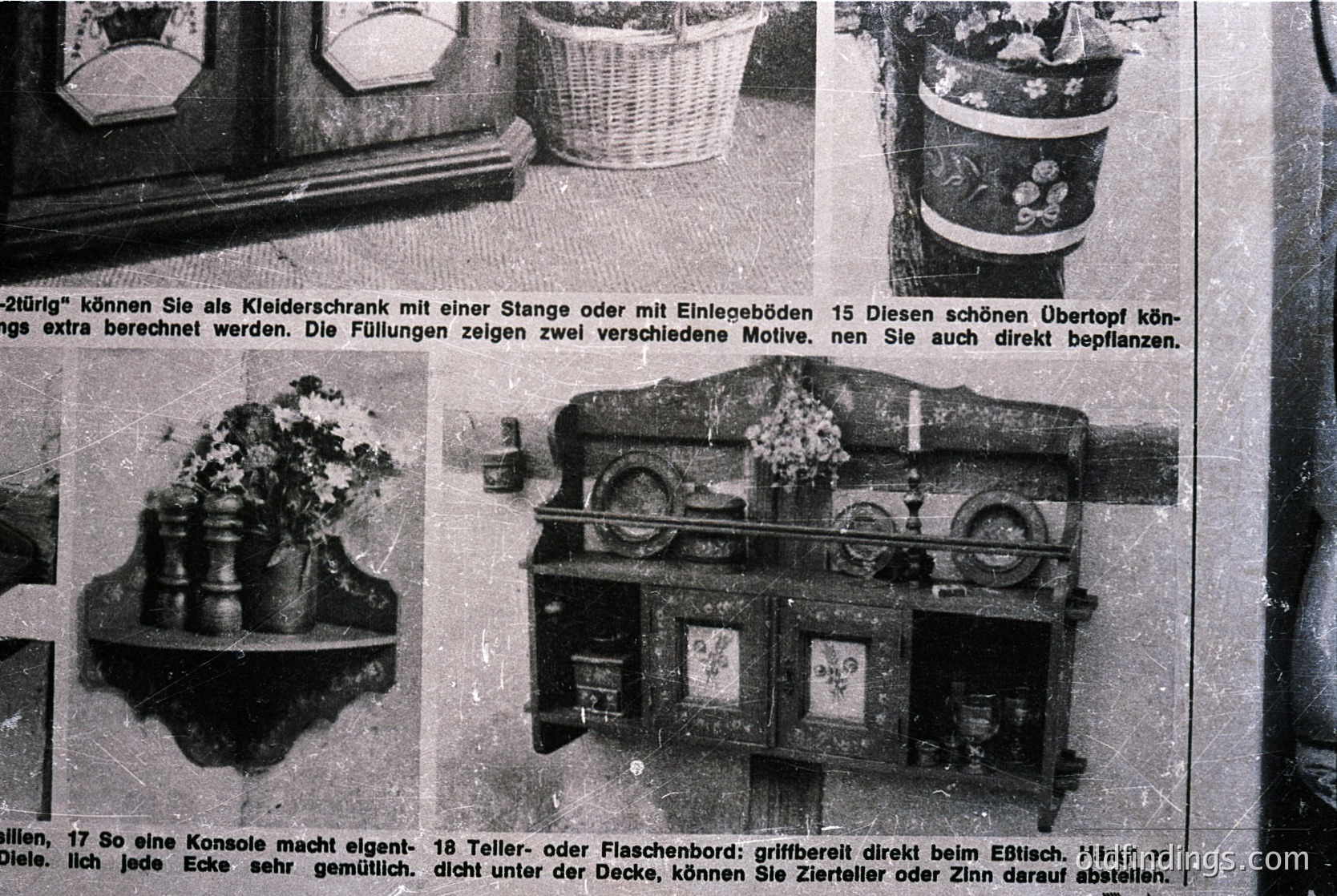 Vintage 1960s German home decor ad showcasing wall-mounted storage solutions: floral-decorated wall shelves, a wicker basket, and a vintage suitcase repurposed as a console. Text in German highlights modularity and decorative motifs.