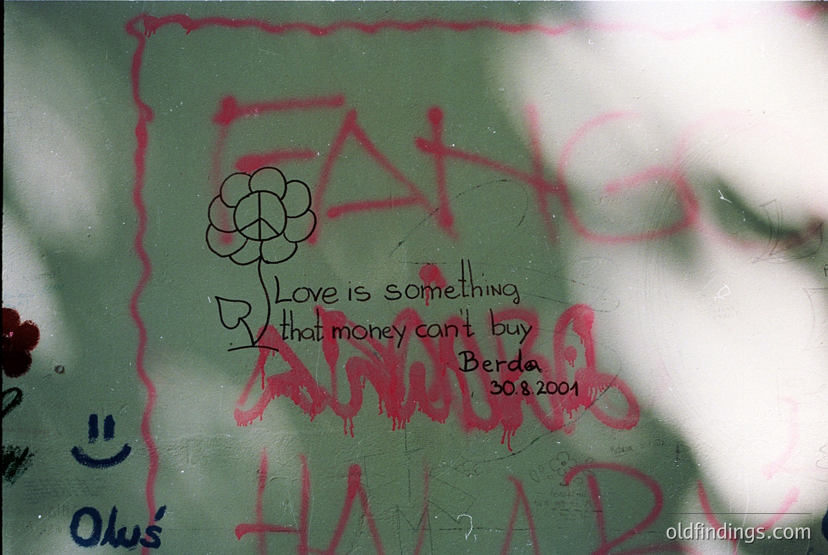 Graffiti on a green-painted wall reads: *"Love is something that money can't buy"* (signed "Anny" + date 30.8.2001) alongside a red-painted flower and heart. Overlaid text includes "Fate" and "Human" in bold red. Partial blue markings (smiley face, "Oluś") suggest a youthful, informal setting.