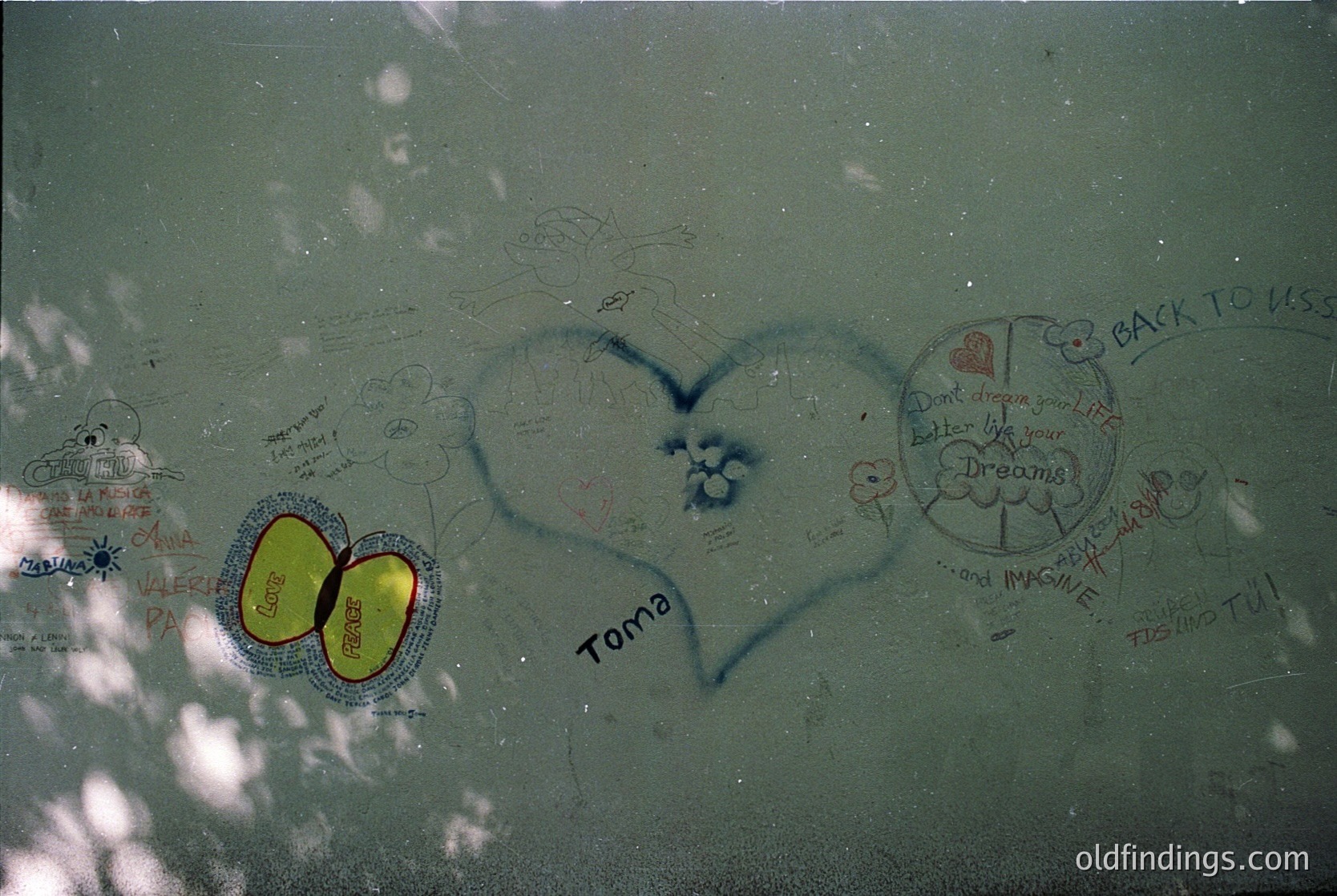 Vintage graffiti-covered glass window with etched messages, including a large heart and circular designs. Visible inscriptions: "Don’t dream your life, live your dreams," "Back to us," and "Toma." Likely from a public or institutional building, suggesting mid-to-late 20th century.