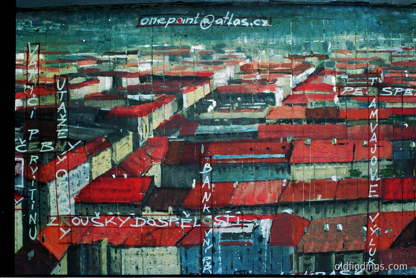 Urban landscape painting featuring stacked, weathered shipping containers with graffiti. Text includes "PRINTING," "ROUSKY DOSPEL," "PERSP," and "ATLAS." Abstract expressionist style with bold reds, blues, and grays.