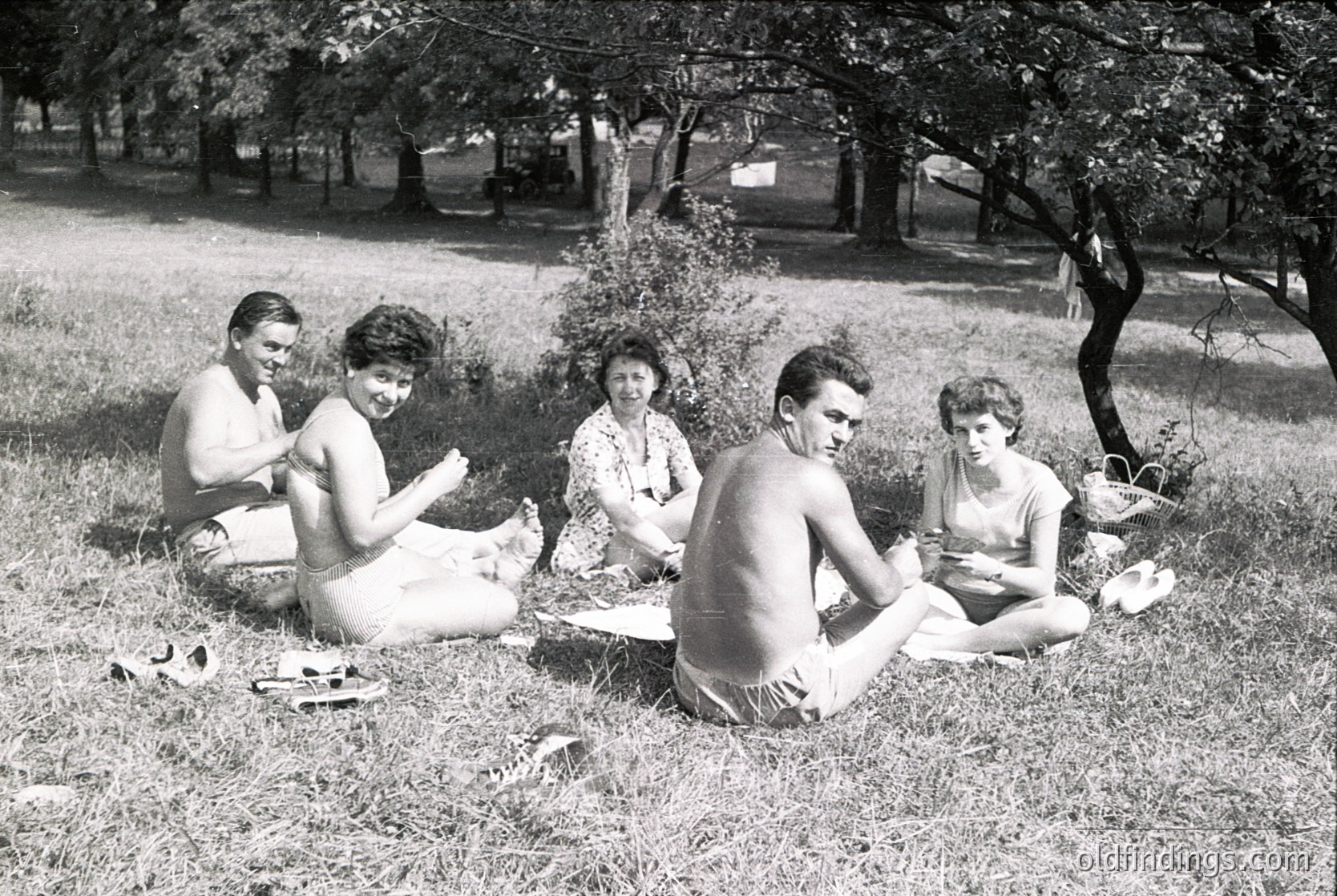 Five young adults in summer attire—men in swim trunks, women in sleeveless dresses—relax on grass under trees, mid-20th century. Picnic scene with casual poses, suggesting leisure and social bonding. Likely European park setting, 1950s–1960s.