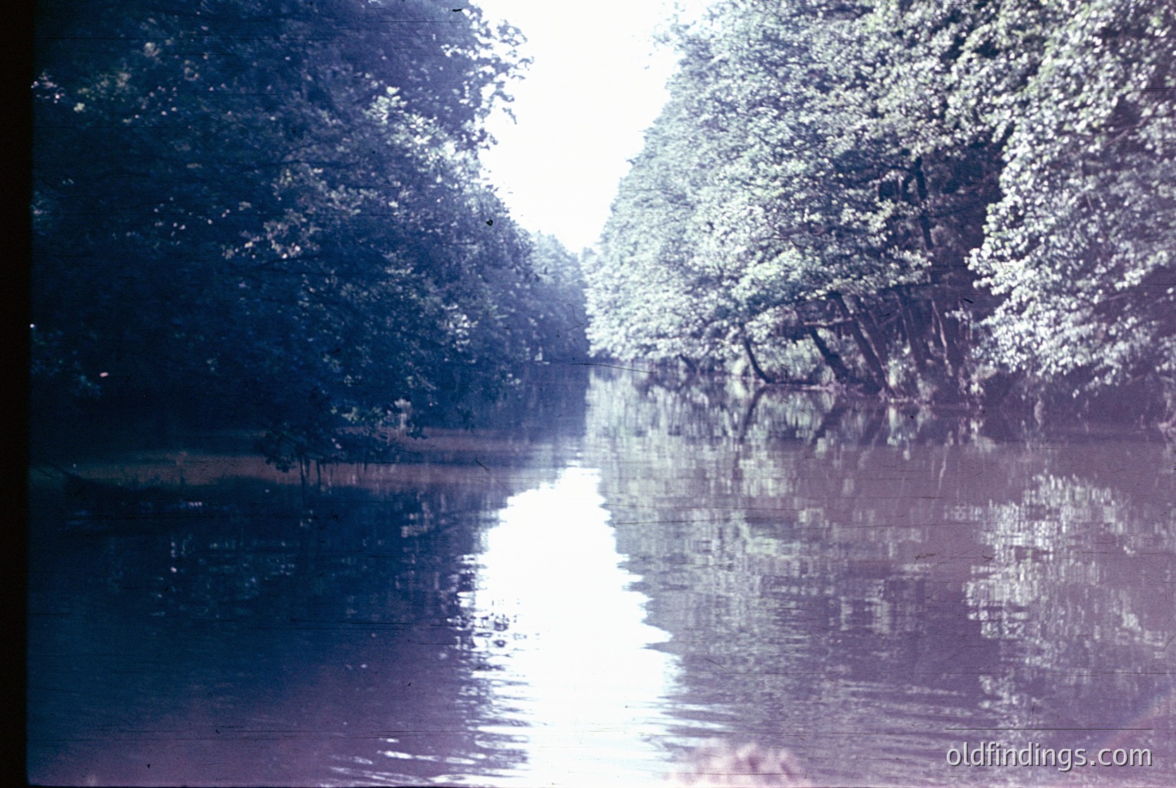 Vintage black-and-white photograph of a serene river bordered by dense foliage, creating mirrored reflections. The scene suggests a tranquil, natural setting likely from the mid-20th century. Ideal for historical research or nostalgic design references.
