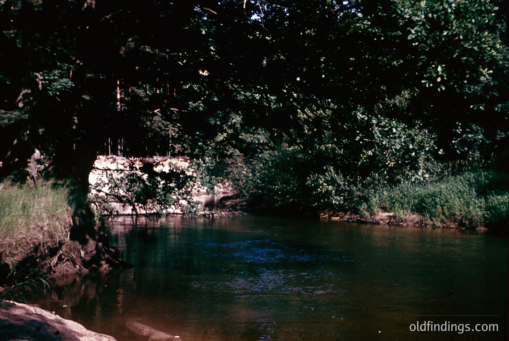 Vintage photograph of a rustic wooden dock extending into a serene body of water, partially obscured by overhanging foliage. The dock supports a small, weathered structure resembling a fishing hut or boathouse. The scene evokes mid-20th century lakeside or riverside life.