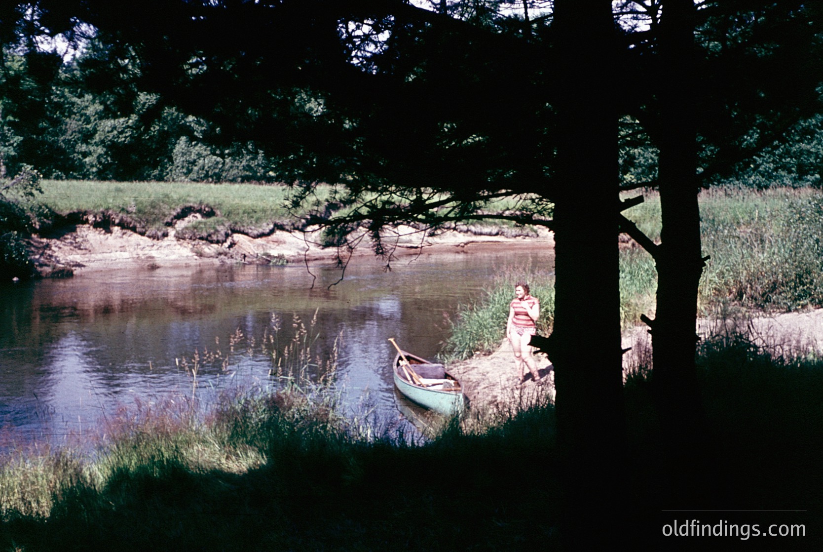Vintage canoeing scene under dense forest canopy, likely 1970s-1980s. Person in striped shirt paddles a single-person canoe on calm, shallow waters surrounded by reeds and tree roots. Warm, saturated colors suggest analog film. Ideal for nature, outdoor adventure, or nostalgic stock imagery.