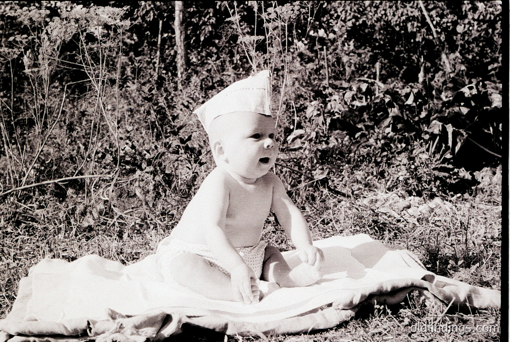 Mid-20th century black-and-white photo of an infant in a white diaper and paper crown, seated on a blanket outdoors among tall grass and foliage. Classic 1950s-60s family portrait style.