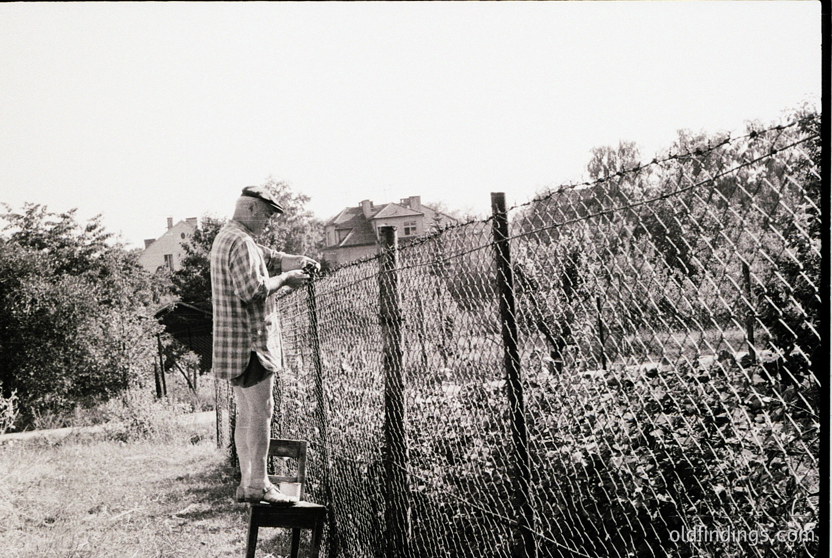 Mid-20th century man in plaid shirt and cap inspects barbed wire fence, likely during Cold War era. Urban/suburban residential area with brick houses in background.