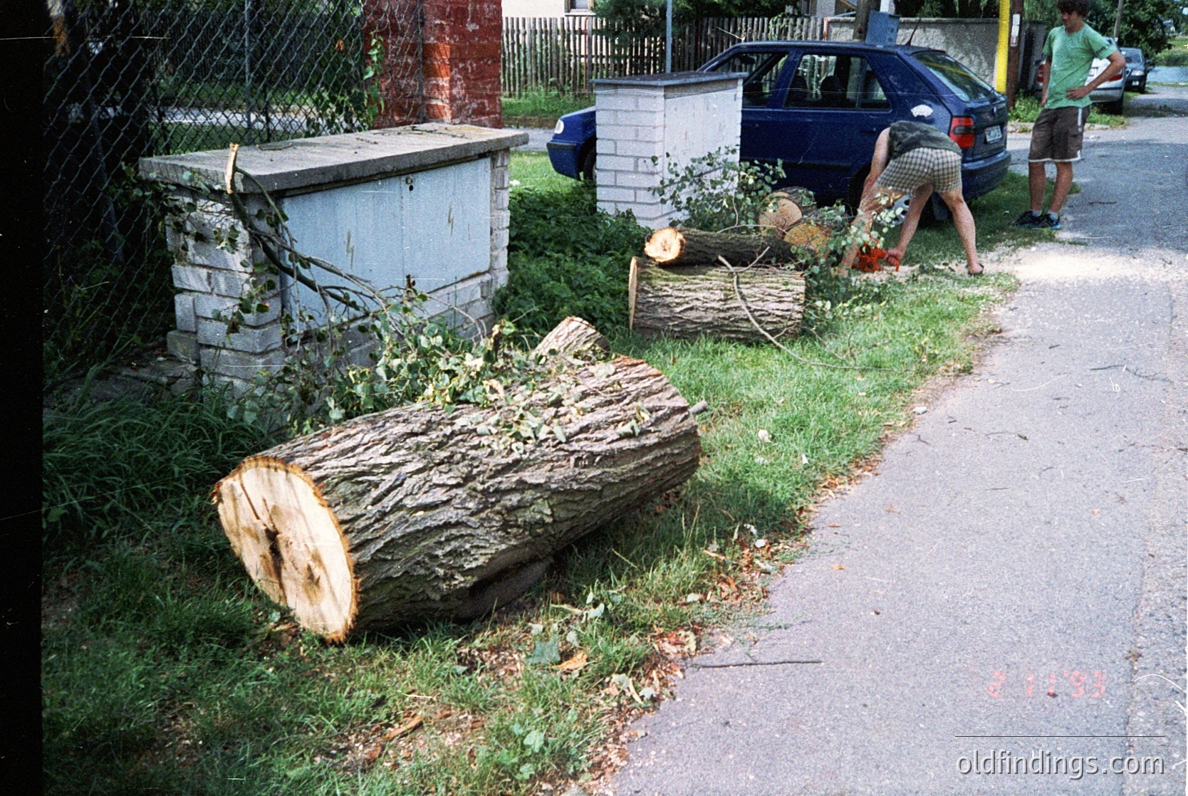 Vintage suburban scene featuring a weathered wooden bee hive box beside a paved sidewalk. Logs and firewood stacked near a chain-link fence. Two children in casual summer clothing (one in shorts and a striped shirt) playing with sticks. Blue car parked in the background. Likely residential area, mid-20th century.