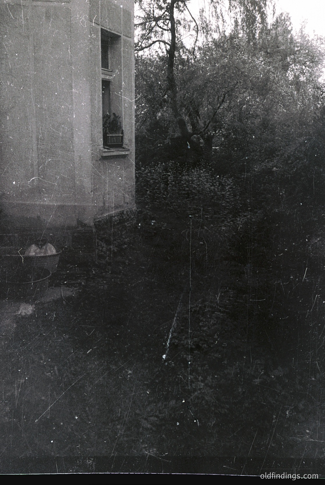 Vintage wet-plate photograph of a decaying concrete building corner with visible cracks and erosion. A small balcony with a single person (blurred) overlooks a muddy, rain-soaked courtyard. Dense foliage and trees frame the scene, suggesting urban neglect. Likely late 19th to early 20th century.