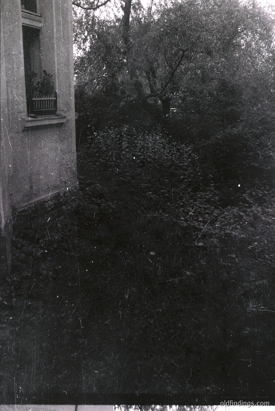 Vintage black-and-white photo of a sloped garden area beside a stone building with a small balcony planter. Overgrown foliage and a single bench suggest a neglected or historical setting. Likely mid-20th century European residential architecture.