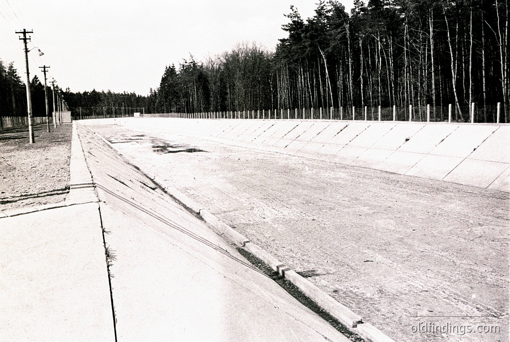 Concrete race track with grooved surface, flanked by gravel and bordered by a fence. Young forest of evenly spaced trees in background. Mid-century industrial design, likely for motorsports. -1960s