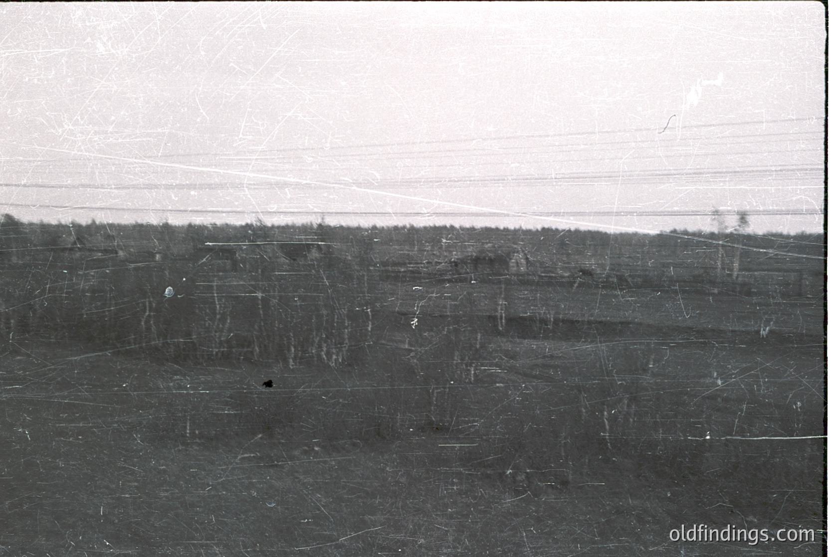Vintage aerial view of deforested terrain with scattered trees and cleared land, likely post-industrial or agricultural. Overhead power lines crisscross the scene, suggesting rural electrification. Mid-20th century (1950s–1970s) landscape, possibly Eastern Europe.