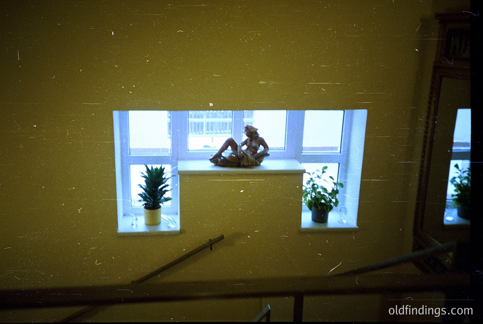 A person sits on a narrow window sill in a dimly lit interior, framed by white-painted casement windows. Two potted plants flank them. Yellowed walls and a visible railing suggest an older residential building.